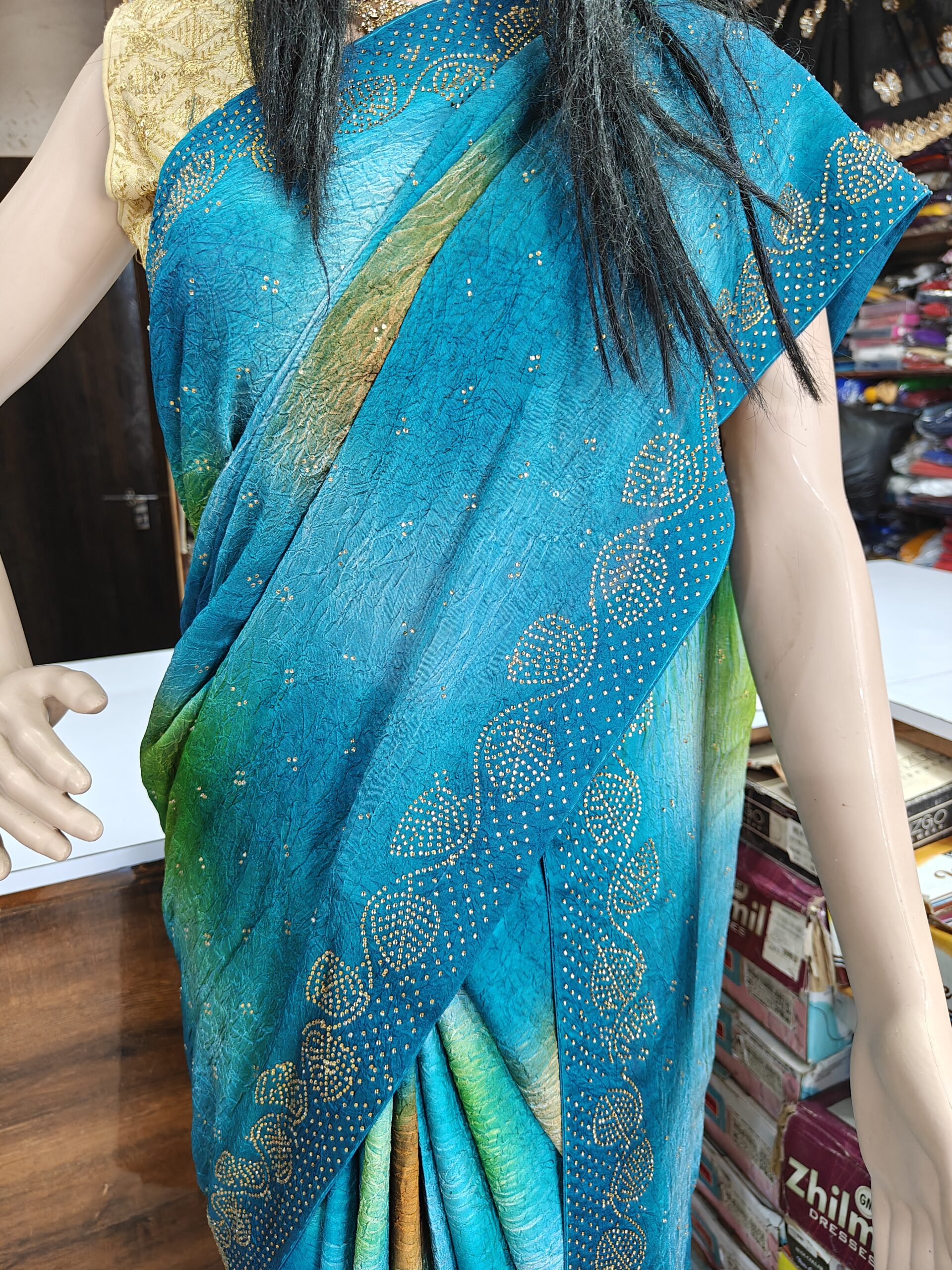 Beautiful Multicolour Crush Fabric Saree with Golden Stone Work