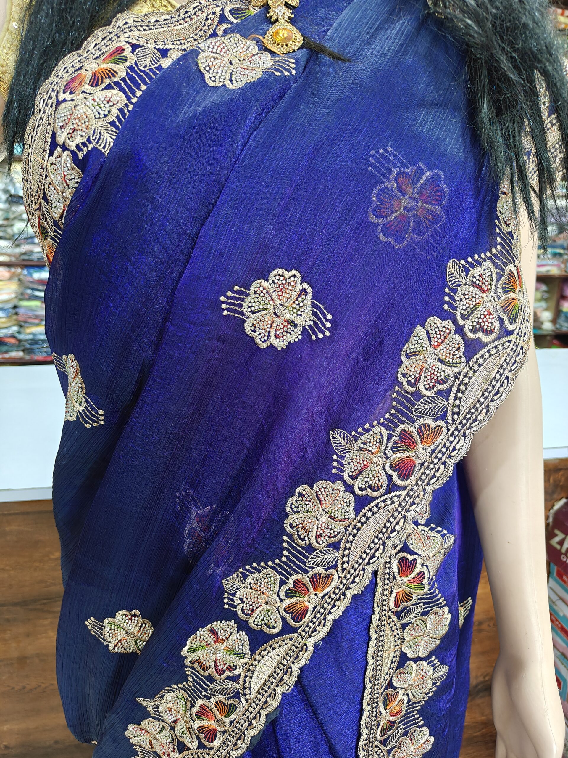 Heavy Stone Work Designer Saree with Floral Resham & Zari Border Work