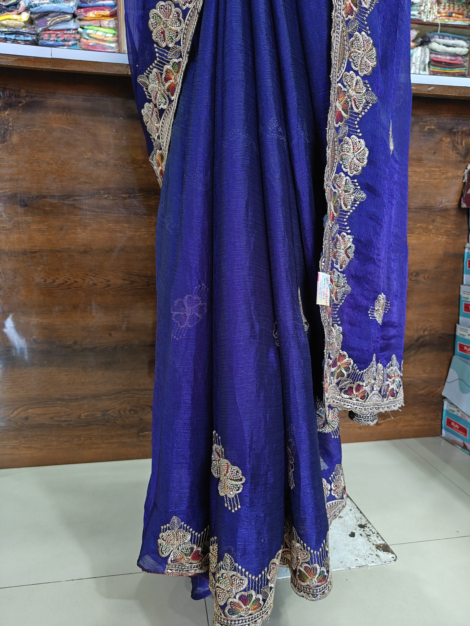Heavy Stone Work Designer Saree with Floral Resham & Zari Border Work - Image 3