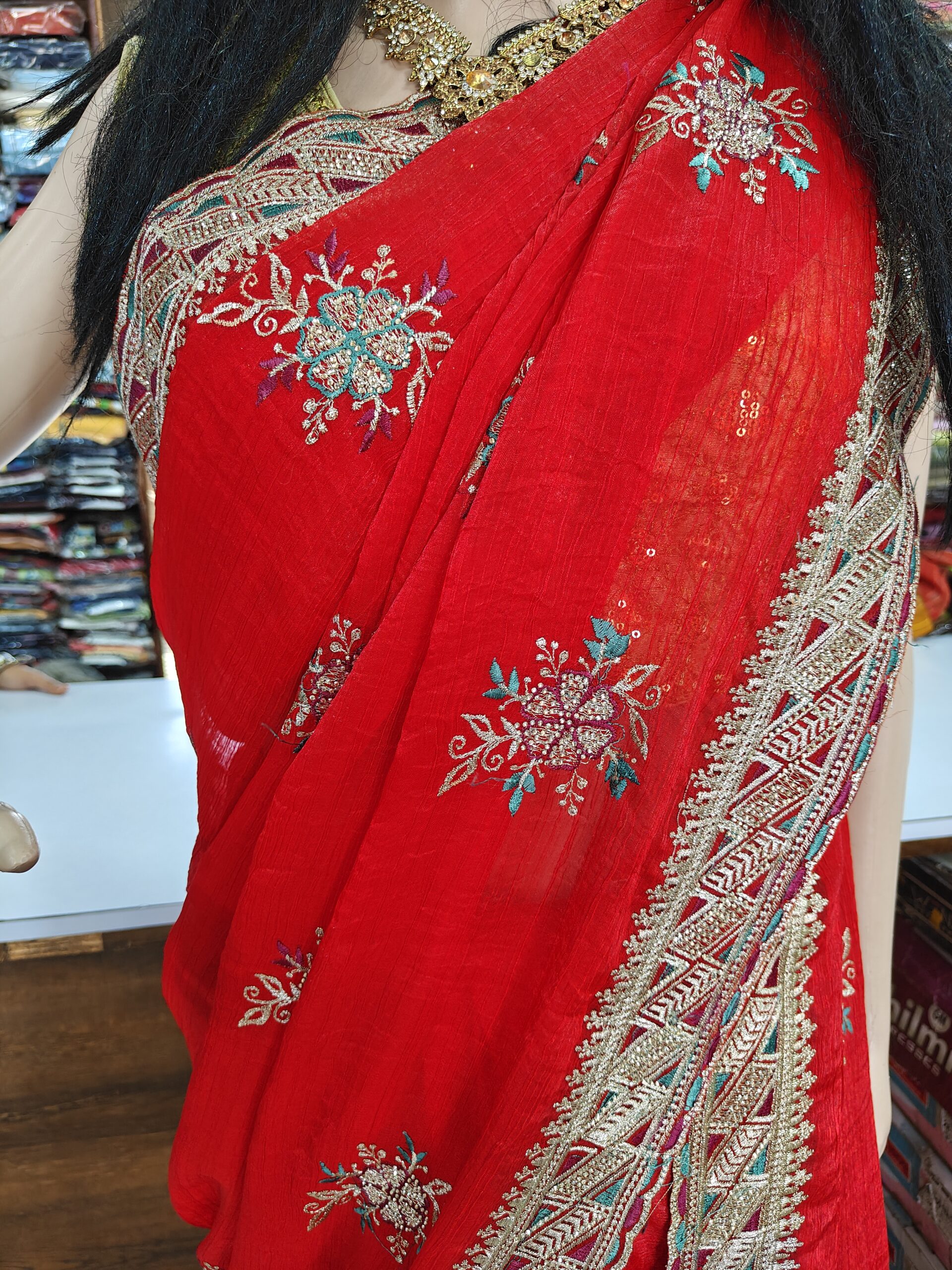 Designer Embroidered Saree with Stone Work & Premium Zari Border