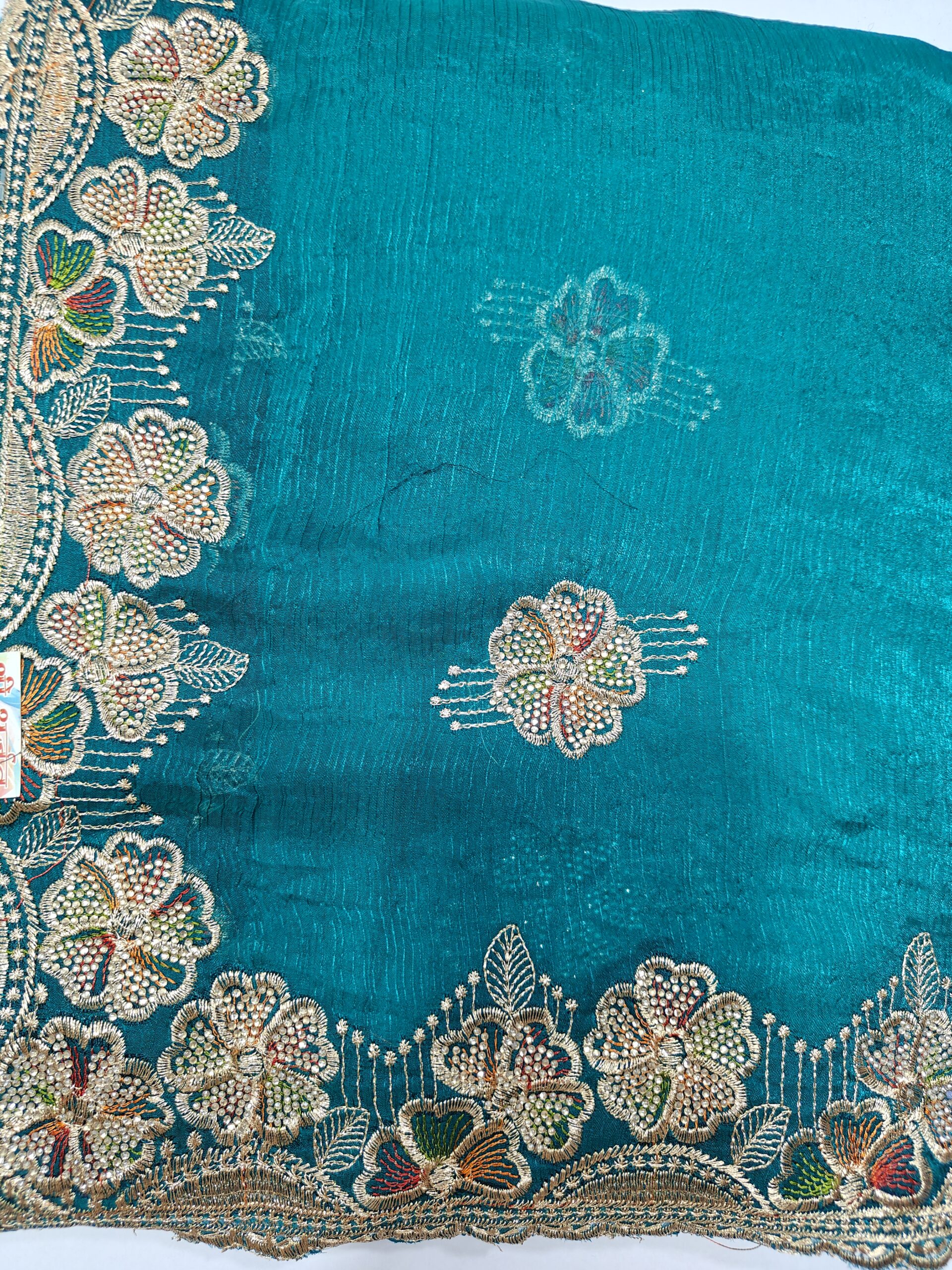 Heavy Stone Work Designer Saree with Floral Resham & Zari Border Work - Image 6