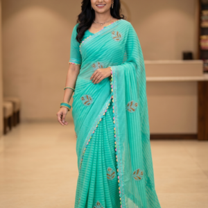 Light Green Soft Fabric Saree with Multicolour Border & Silver Stone Work | Party Wear Saree