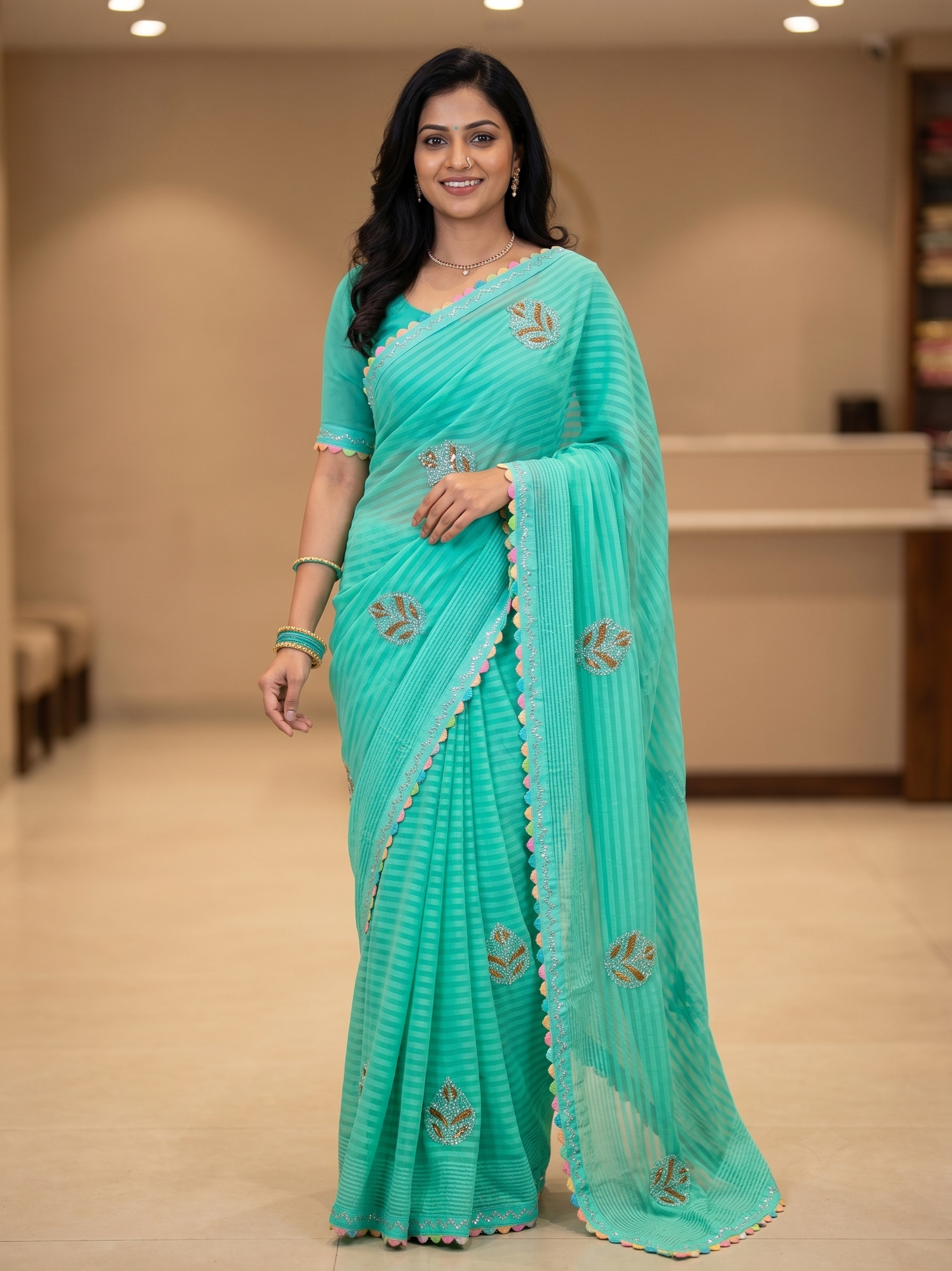 Light Green Soft Fabric Saree with Multicolour Border & Silver Stone Work | Party Wear Saree