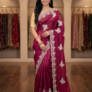 Maroon Saree with Silver Zari, Stone Work & Butterfly Design