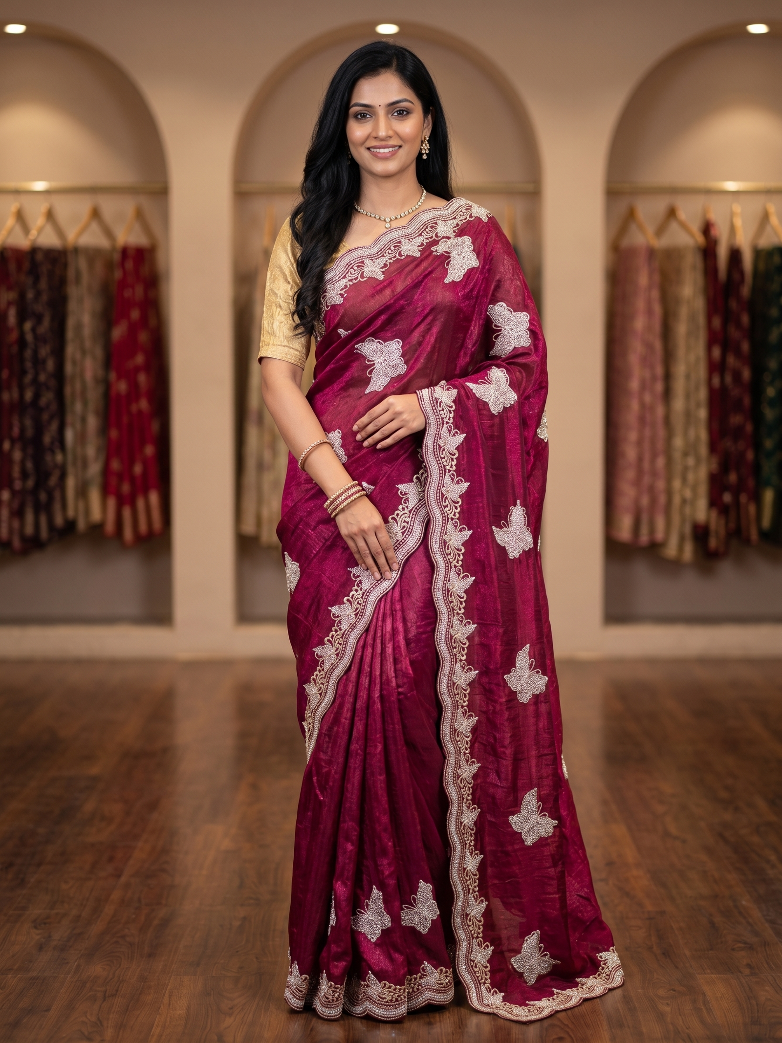 Maroon Saree with Silver Zari, Stone Work & Butterfly Design