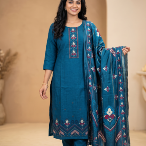 Teal Blue Embroidered Kurti Pant & Printed Dupatta Suit Set for Women | Elegant Ethnic Wear