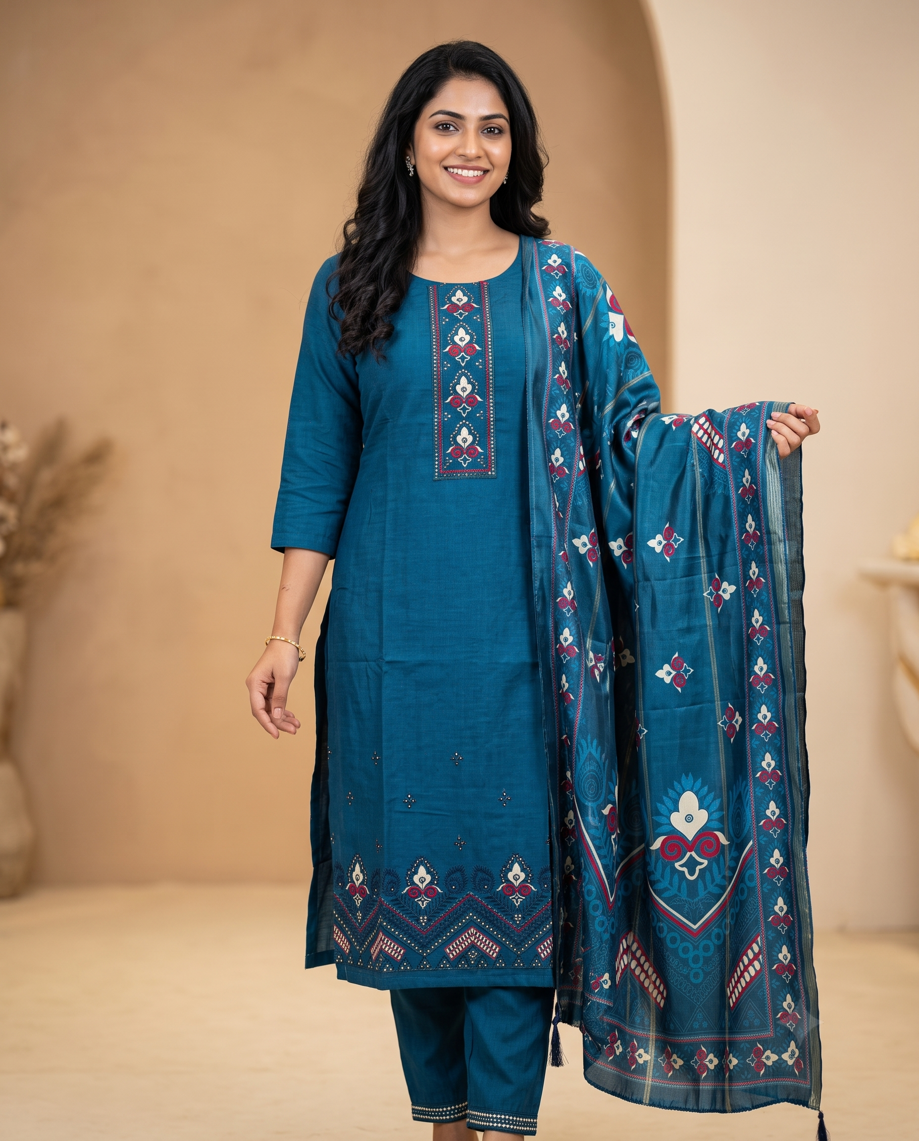 Teal Blue Embroidered Kurti Pant & Printed Dupatta Suit Set for Women | Elegant Ethnic Wear