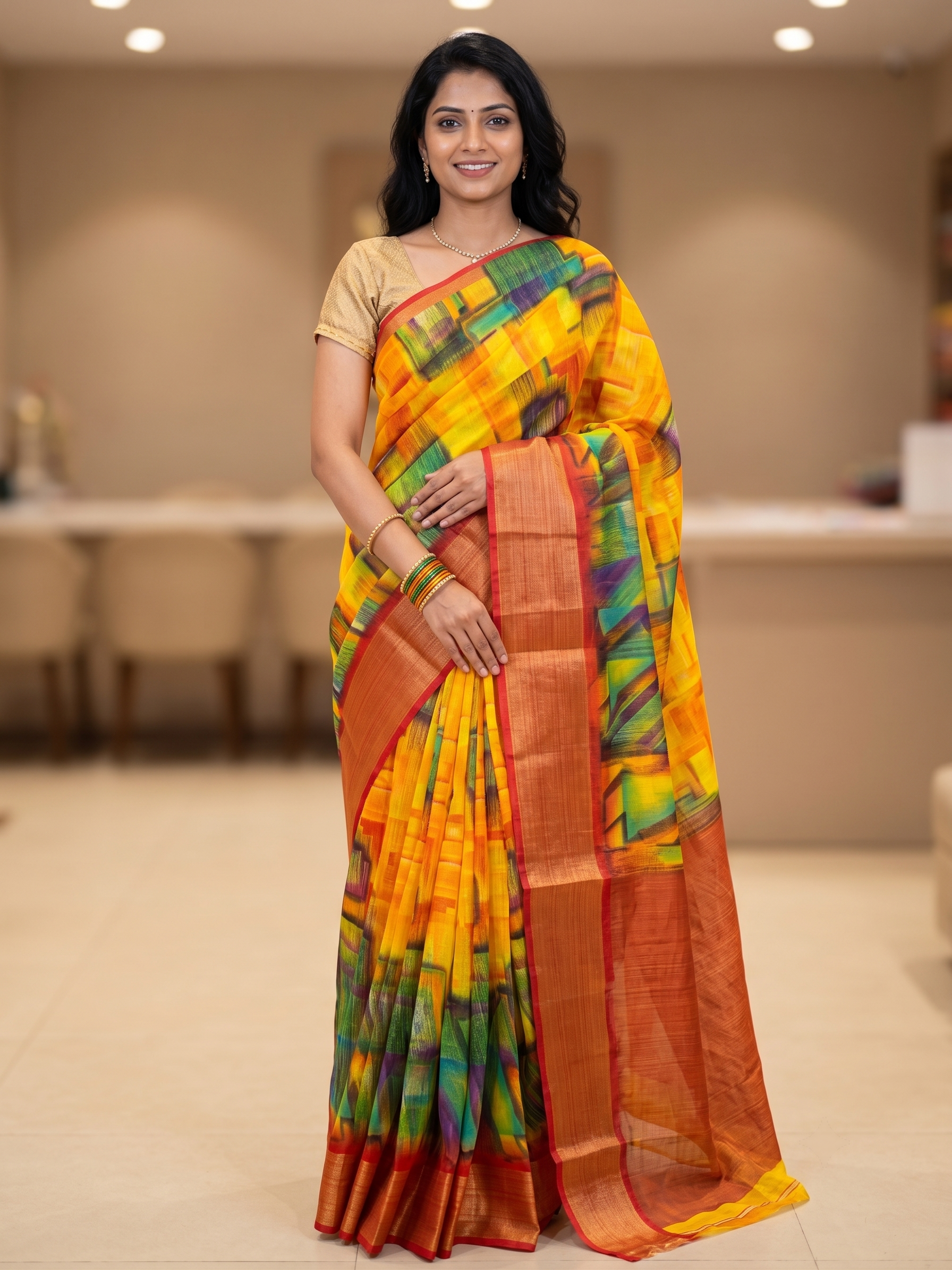 Beautiful Yellow Multicolour Chanderi Cotton Saree | Soft Lightweight Cotton | Elegant Printed Traditional & Casual Wear Saree
