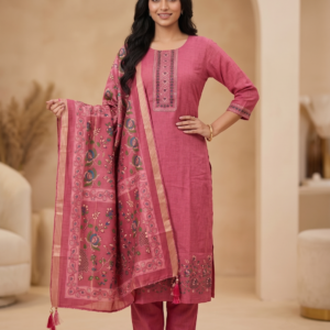 Rani Pink Embroidered Kurti Pant Dupatta Set | Elegant Ethnic Wear for Women