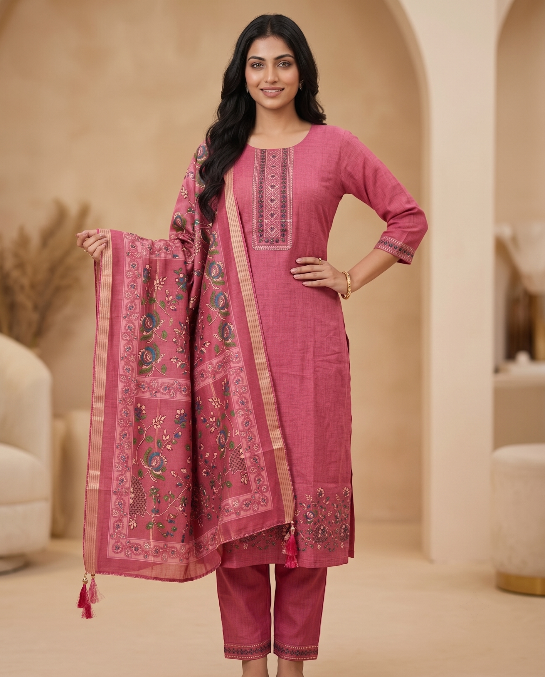 Rani Pink Embroidered Kurti Pant Dupatta Set | Elegant Ethnic Wear for Women