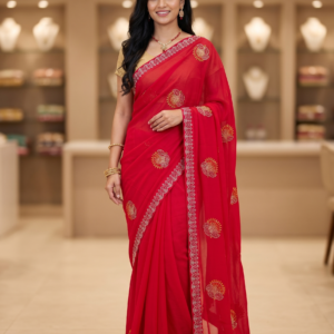 Rani Pink Georgette Saree with Silver Stone Work & Designer Border