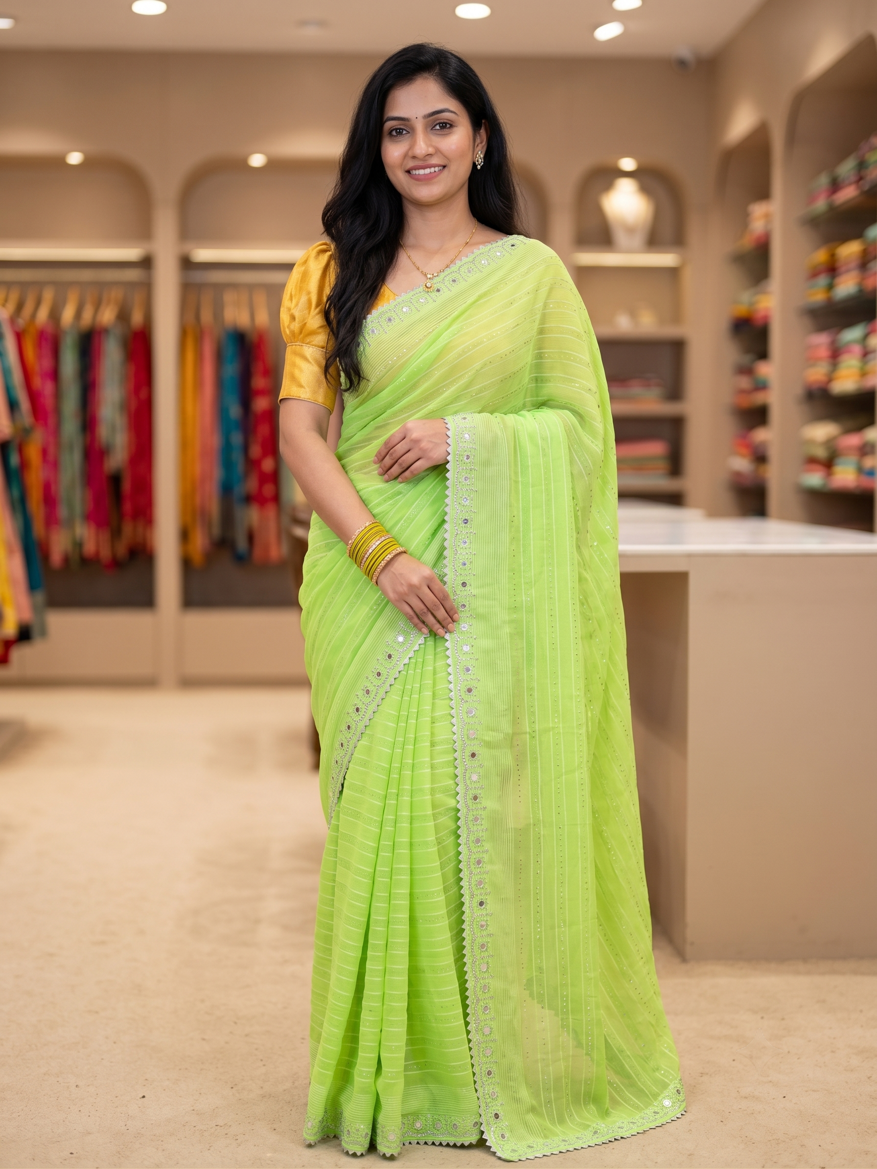 Elegant Light Green Stone Work Saree | Soft Lightweight Fabric | Mirror & Crystal Border Party Wear Saree