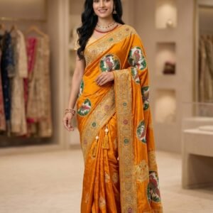 mustard-yellow-dola-silk-saree-for-women-designer-bird-motif-zari-weaving-stone-work-party-wear-saree