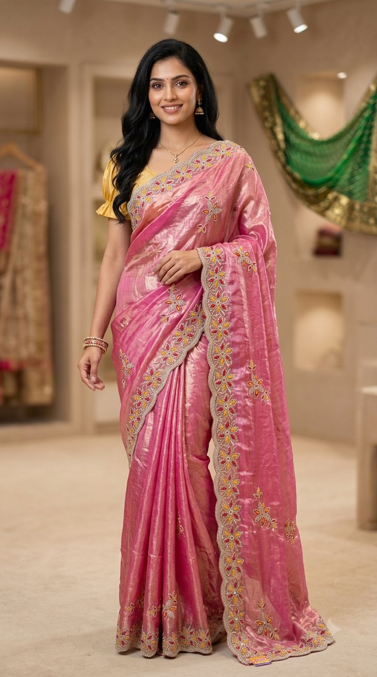Baby Pink Trendy Fabric Saree for Women | Heavy Floral Embroidery & Stone Work Border Saree | Designer Party Wear Saree