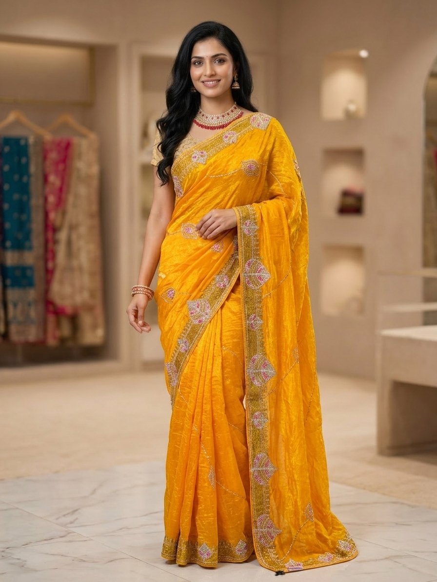 Mustard Yellow Designer Tissue Silk Saree for Women | Heavy Hand Embroidery, Stone Work & Cutwork Border Party Wear Saree