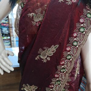 maroon-georgette-saree-with-peacock-embroidery-floral-designer-border