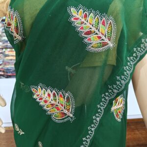 Green Party Wear Saree with Stone Work and Leaf Design