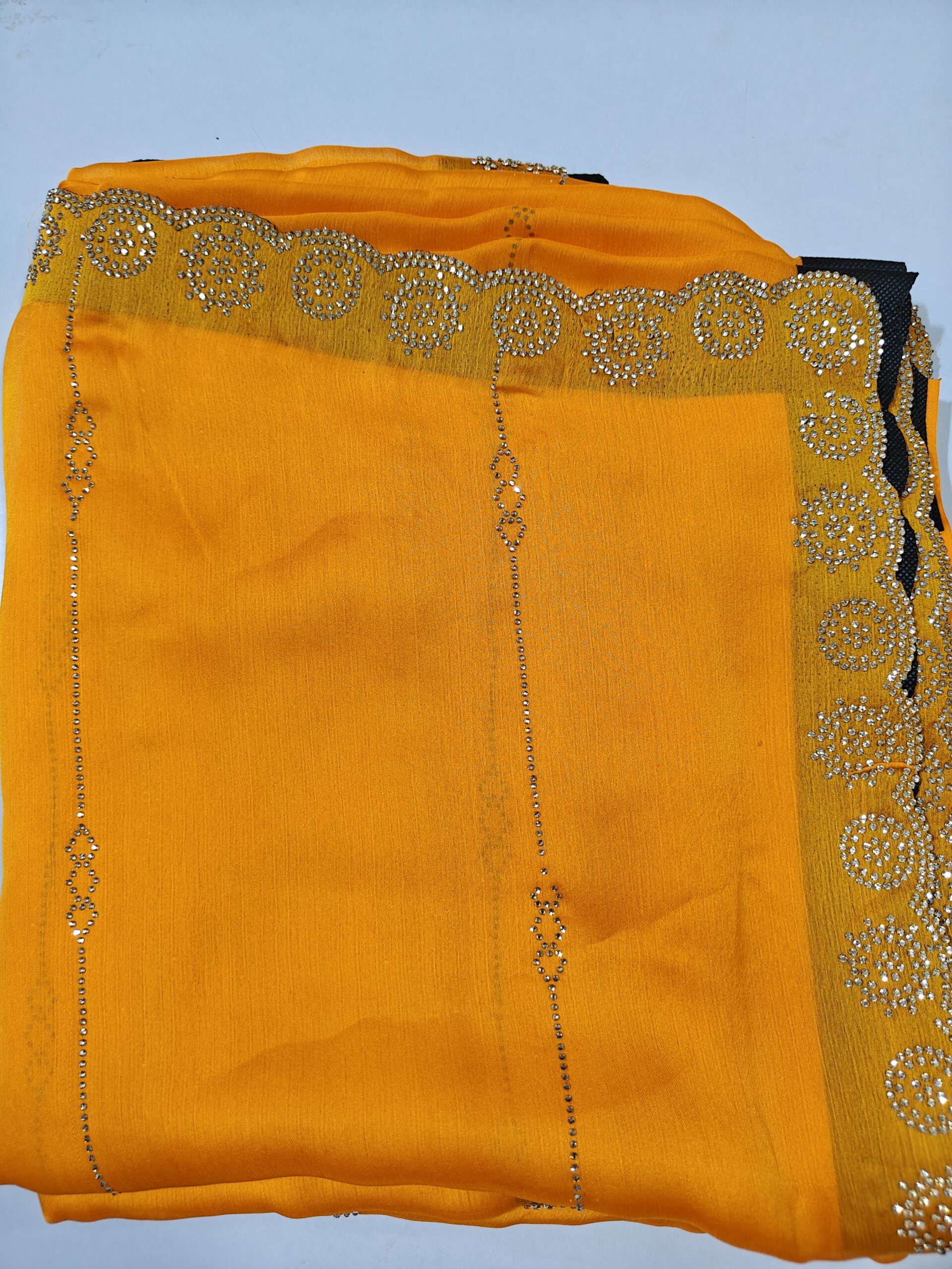 Mustard Yellow Satin Silk Saree with Stone Work lining Border - Image 5