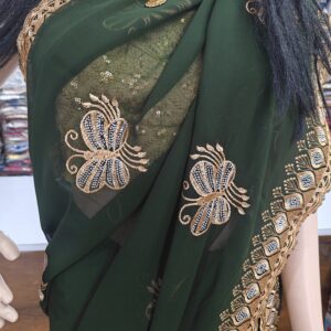Dark Green Georgette Saree with Butterfly Stone Work Embroidery Border | Party Wear Designer Saree | Wedding & Festive Wear