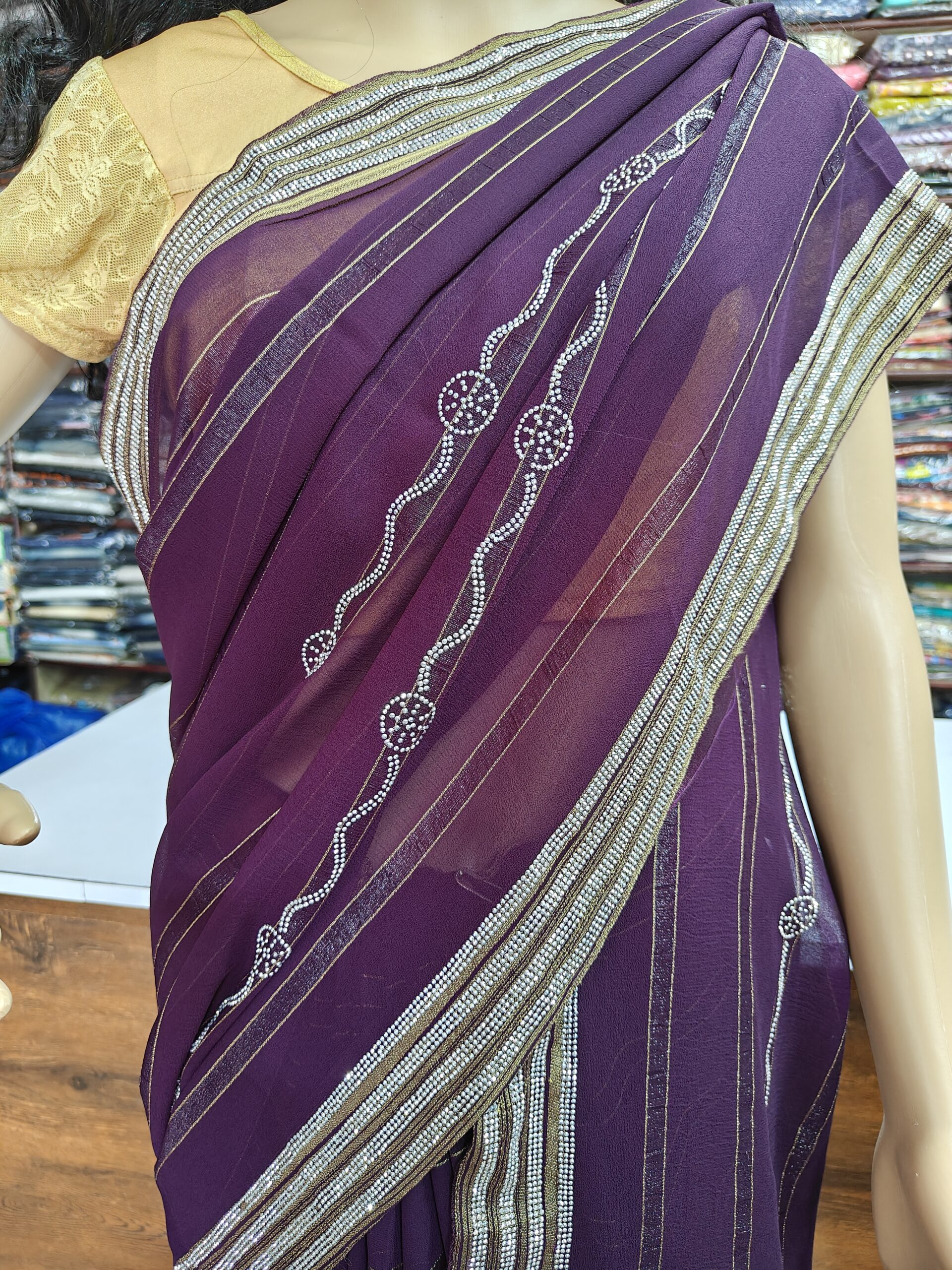 Purple Saree with Silver Shining Stone Work Elegant Stripe Designer Look