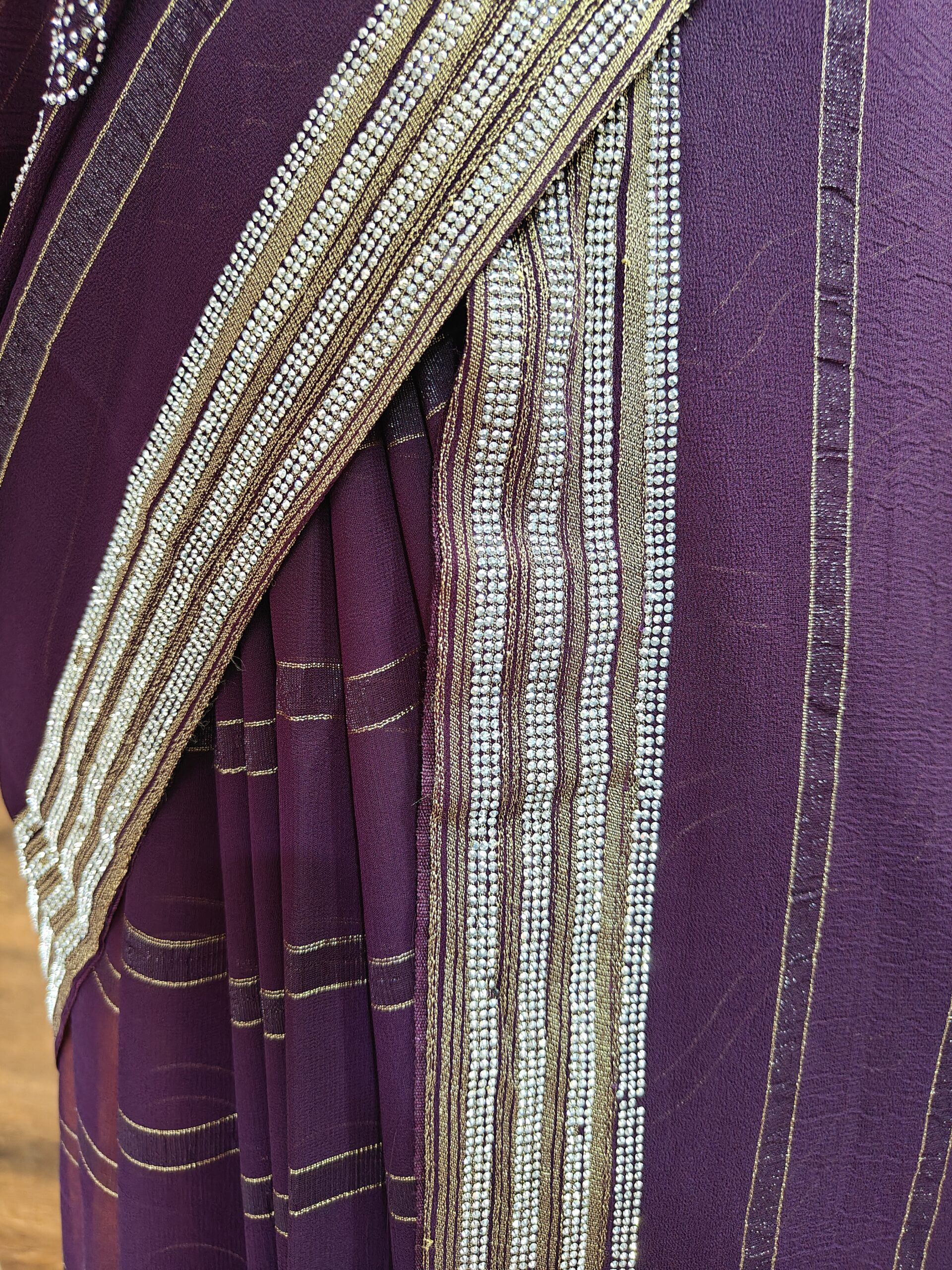 Purple Saree with Silver Shining Stone Work Elegant Stripe Designer Look - Image 2