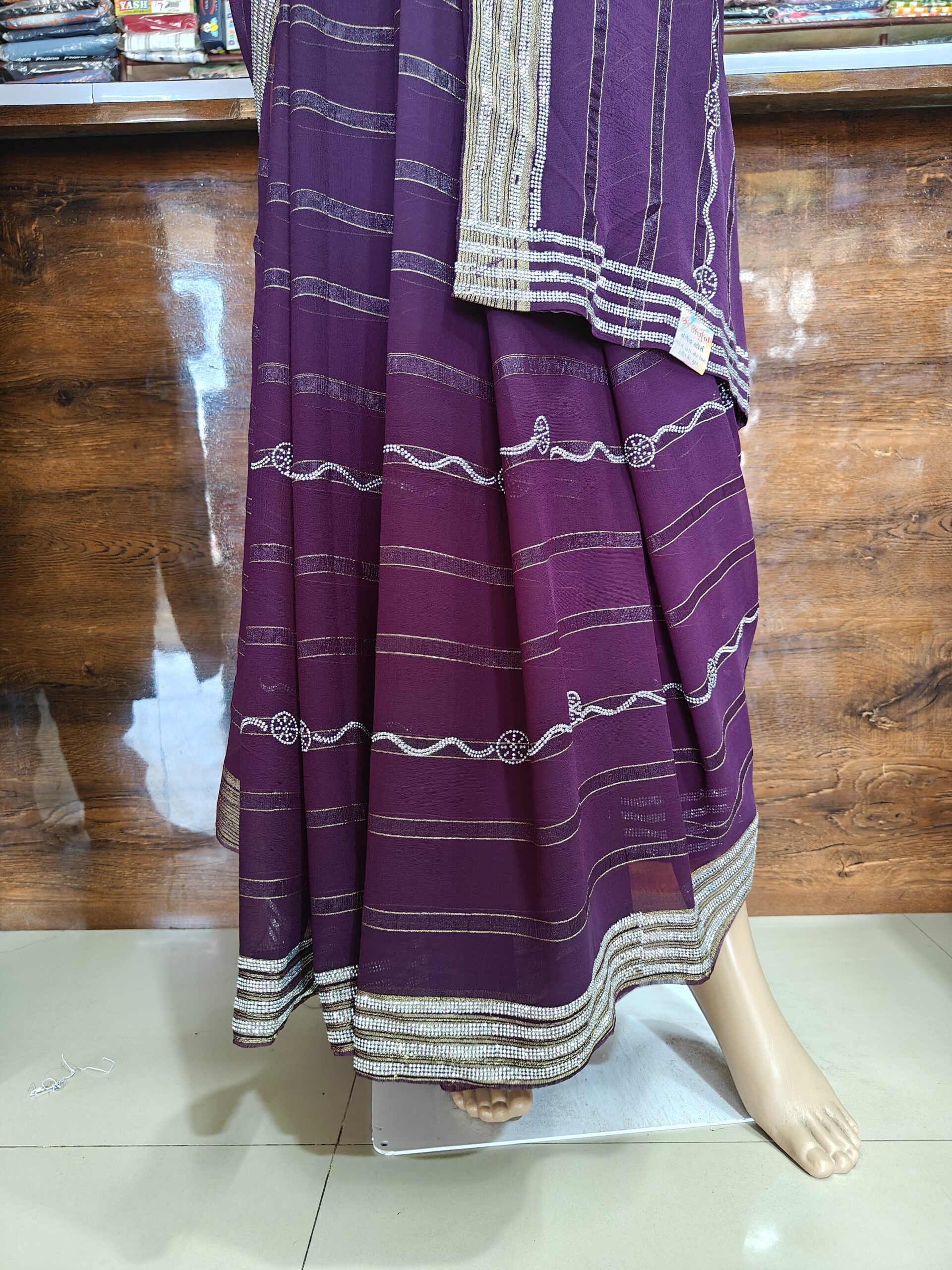 Purple Saree with Silver Shining Stone Work Elegant Stripe Designer Look - Image 3