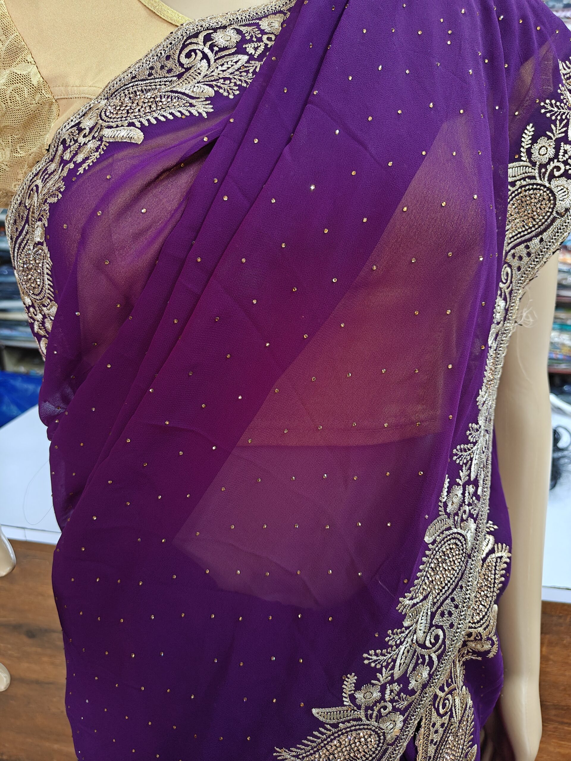 Saree with Heavy Zari Paisley Border & Stone Work