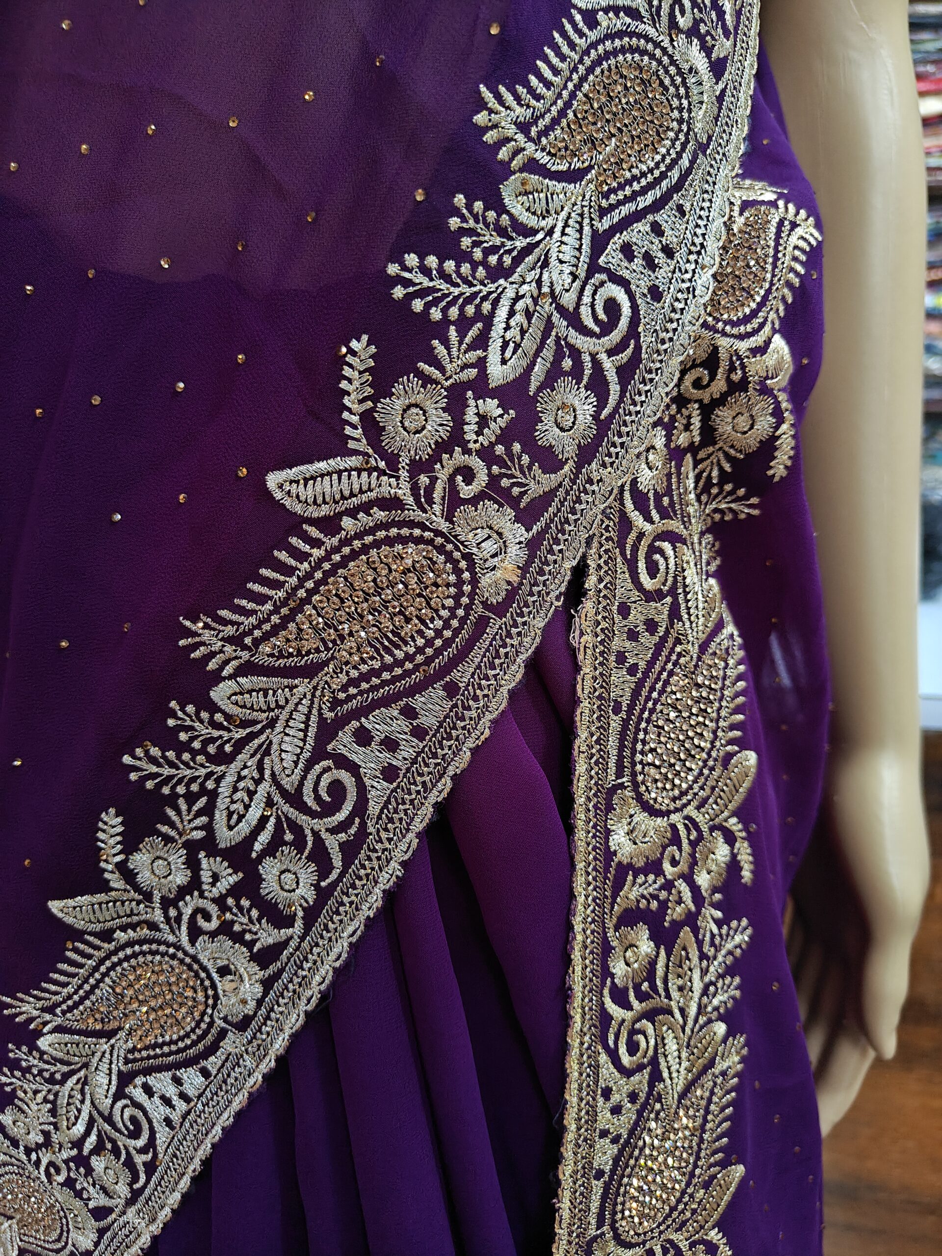 Saree with Heavy Zari Paisley Border & Stone Work - Image 2