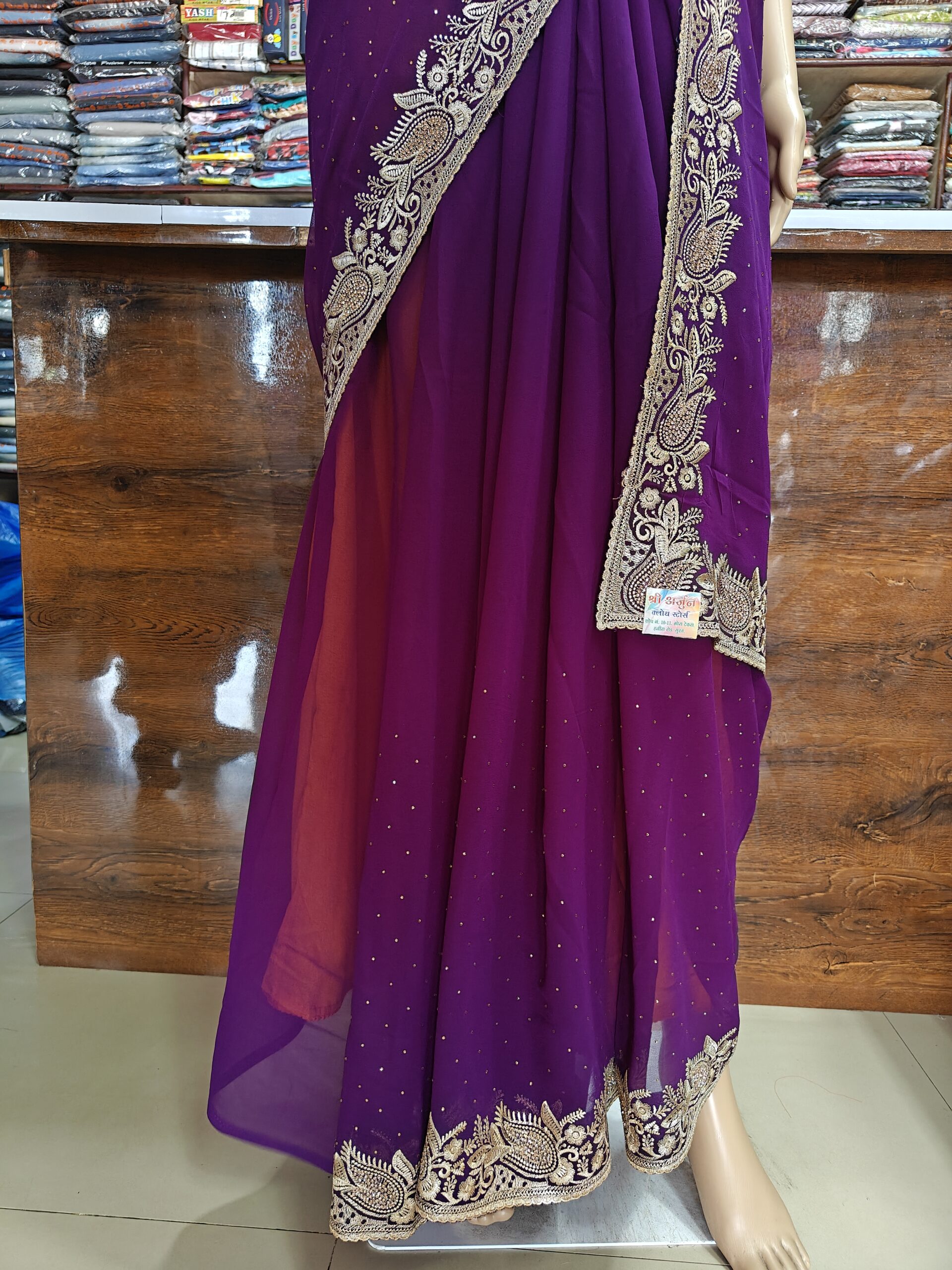 Saree with Heavy Zari Paisley Border & Stone Work - Image 4