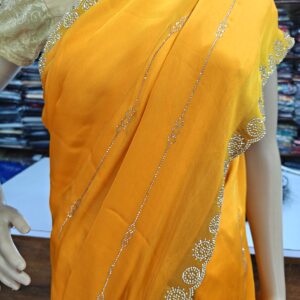 Mustard Yellow Satin Silk Saree with Stone Work lining Border