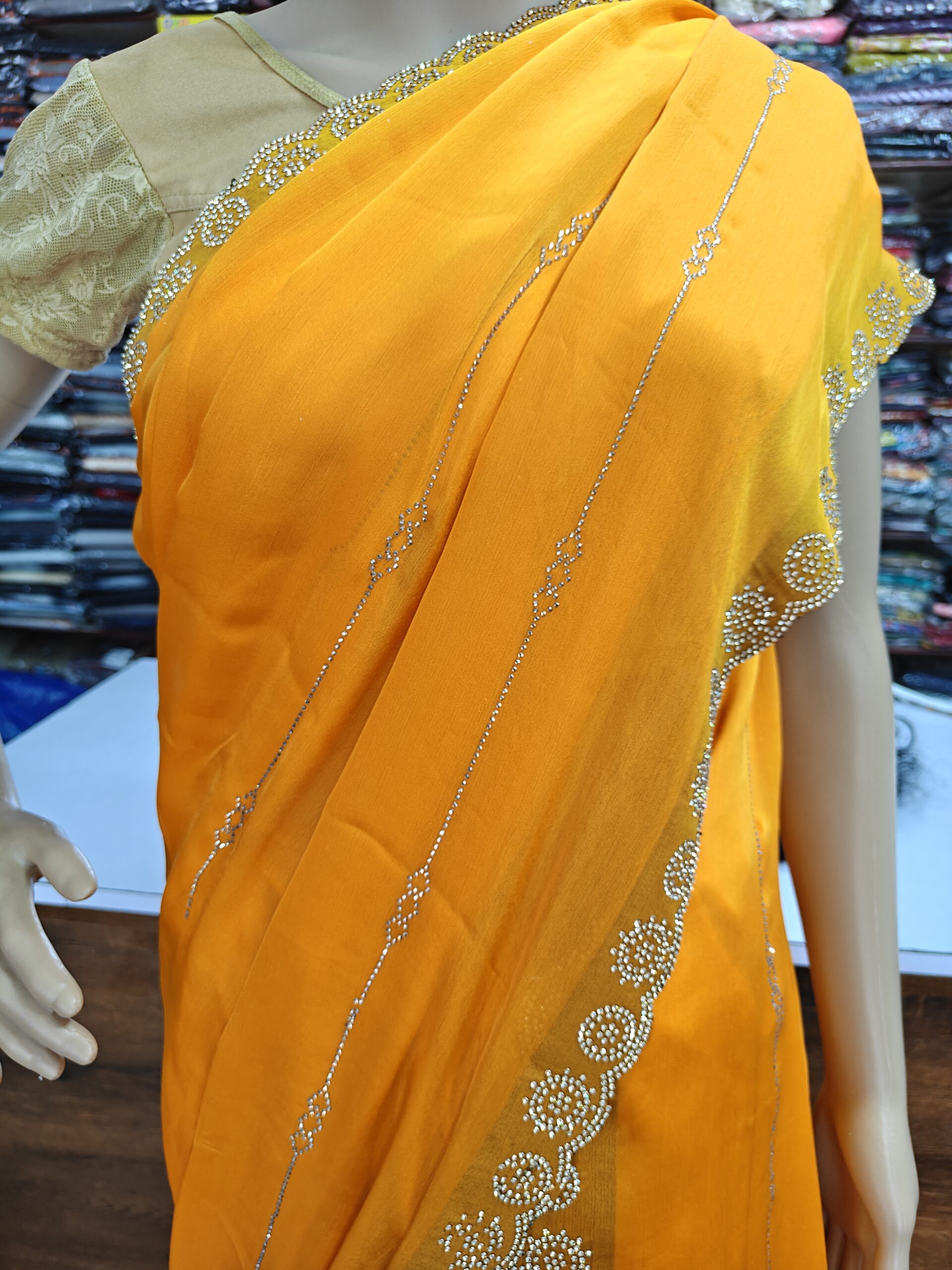 Mustard Yellow Satin Silk Saree with Stone Work lining Border