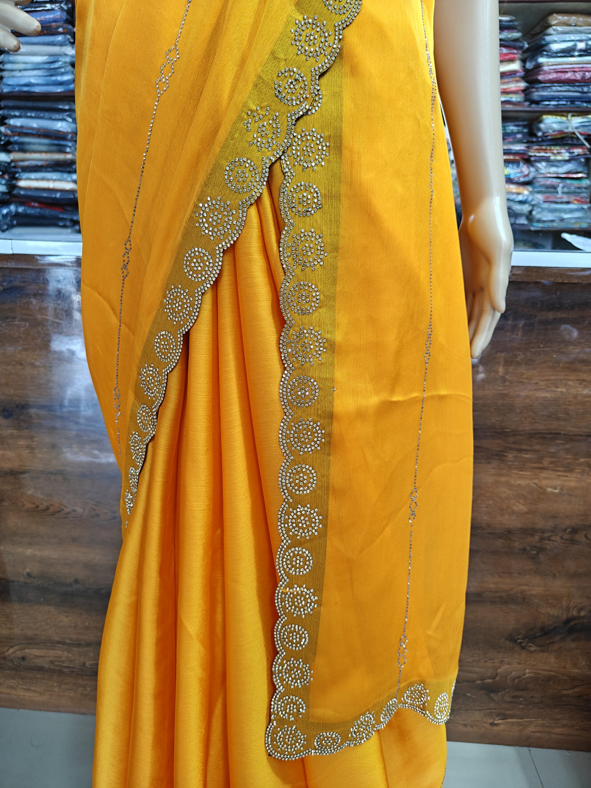 Mustard Yellow Satin Silk Saree with Stone Work lining Border - Image 3