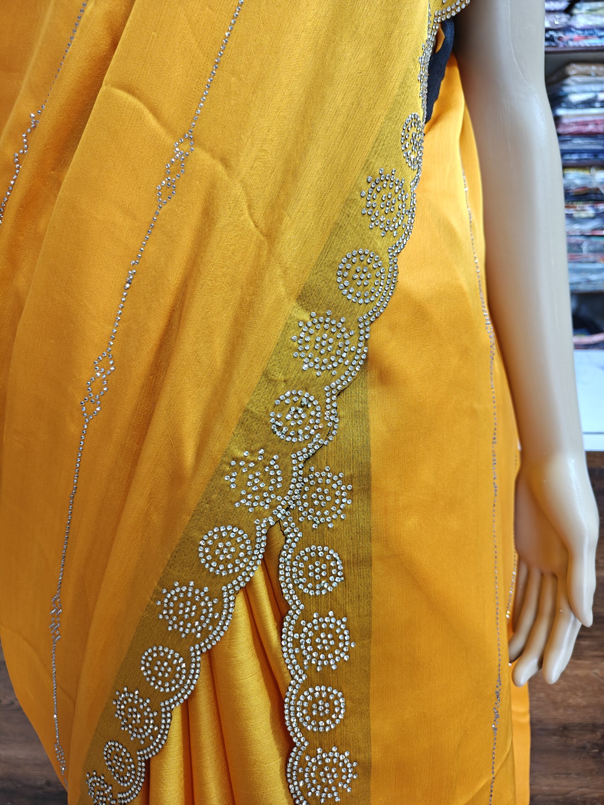 Mustard Yellow Satin Silk Saree with Stone Work lining Border - Image 2