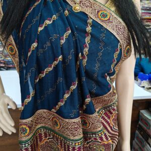 dark-teal-blue-party-wear-saree-with-wine-border