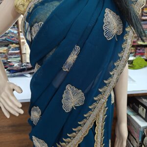 Teal Blue Party Wear Saree with Stone Work Border
