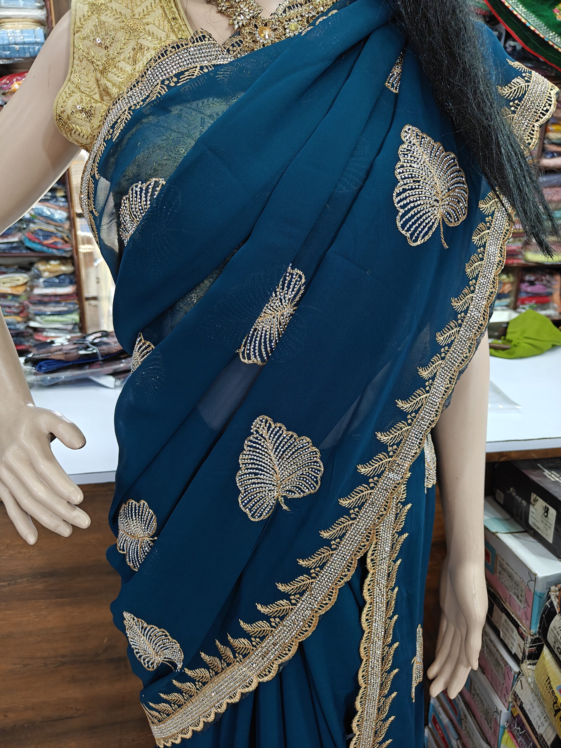 Teal Blue Party Wear Saree with Stone Work Border