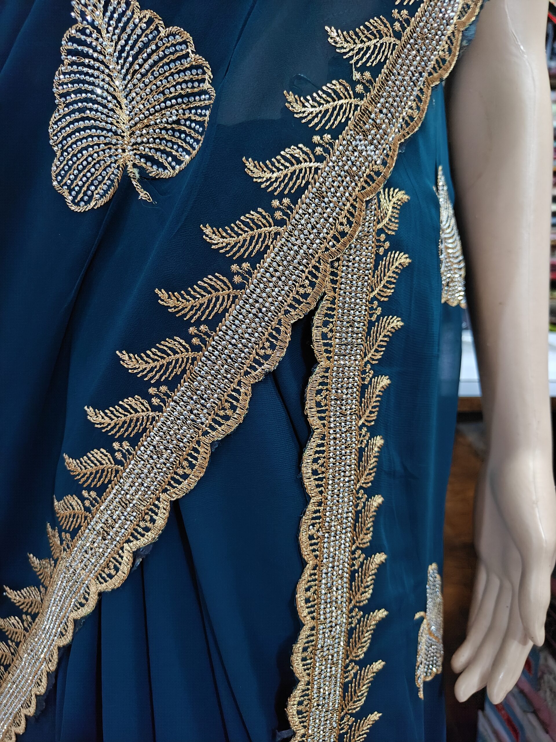 Teal Blue Party Wear Saree with Stone Work Border - Image 3