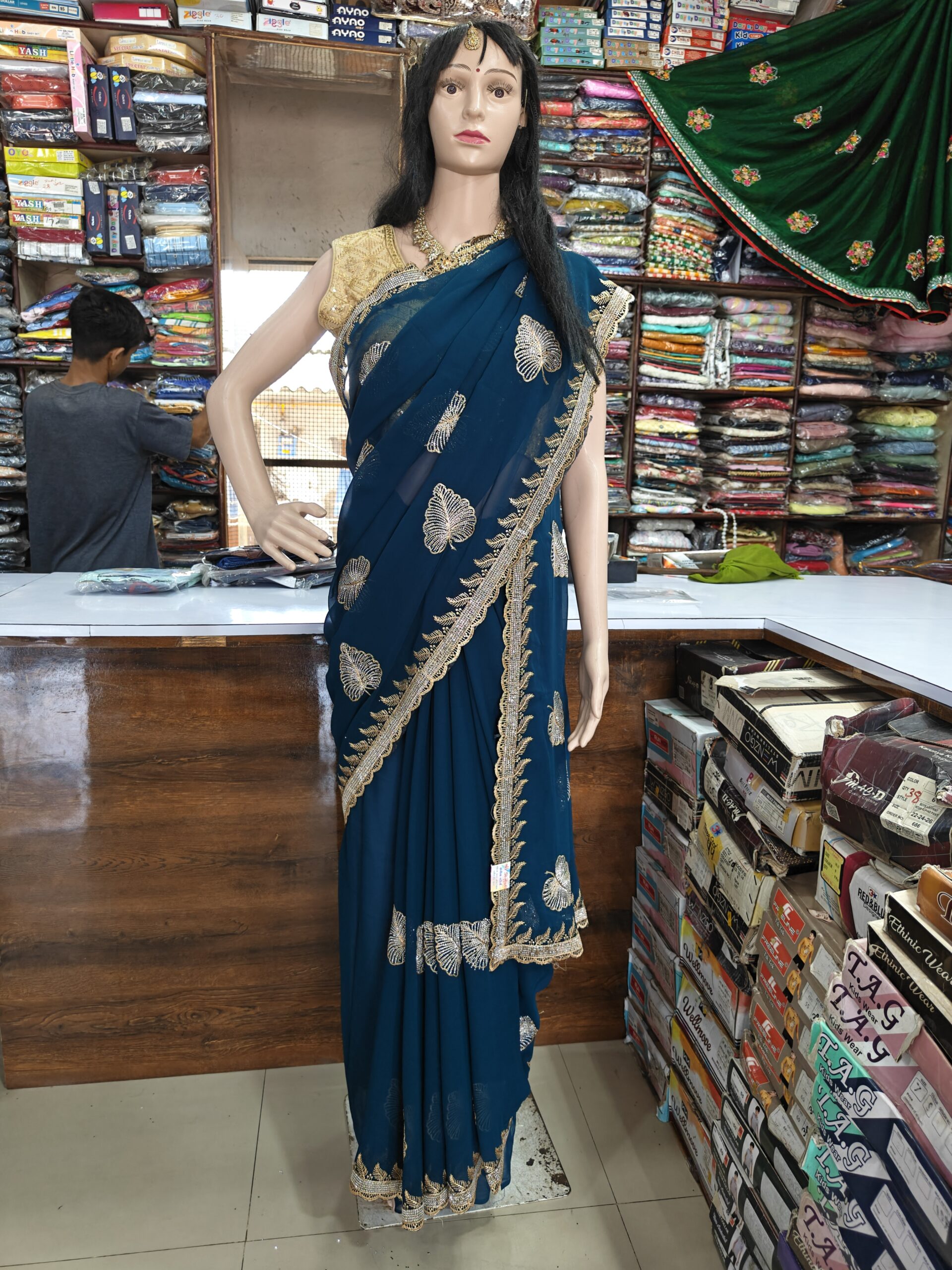 Teal Blue Party Wear Saree with Stone Work Border - Image 4