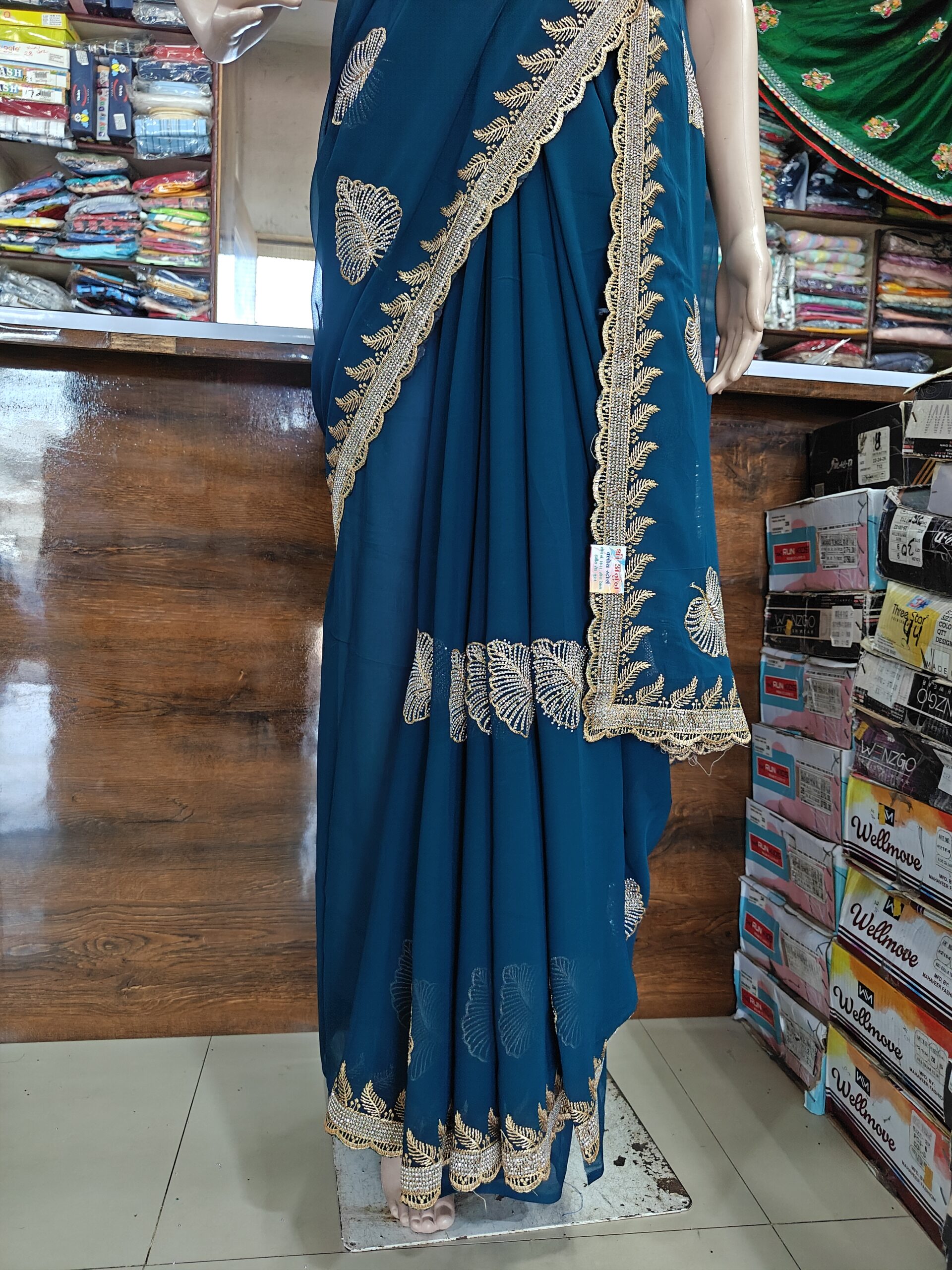 Teal Blue Party Wear Saree with Stone Work Border - Image 2