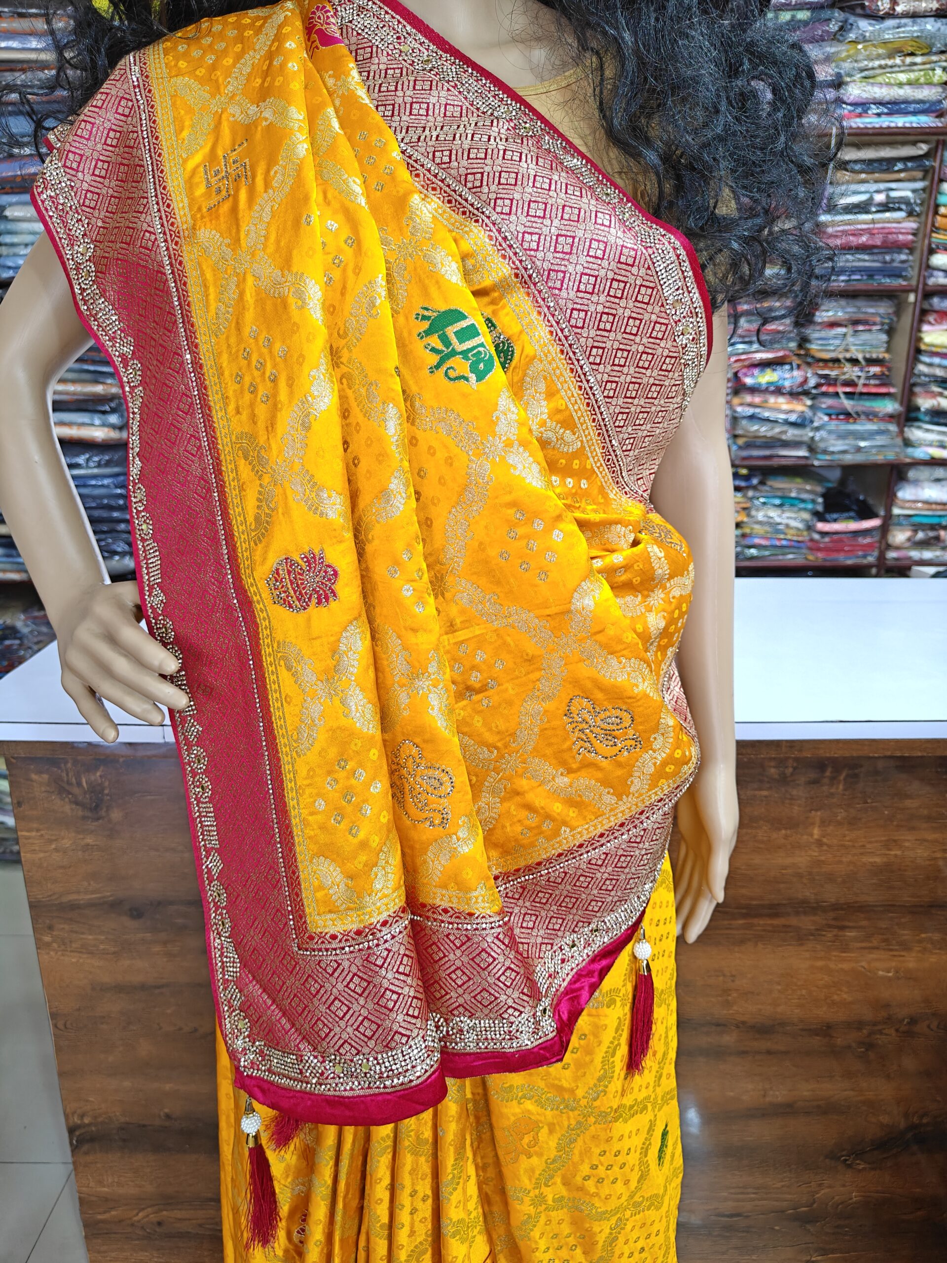 Yellow Bandhani Silk Saree with Stone Work | Traditional Designer Party Wear Saree for Women