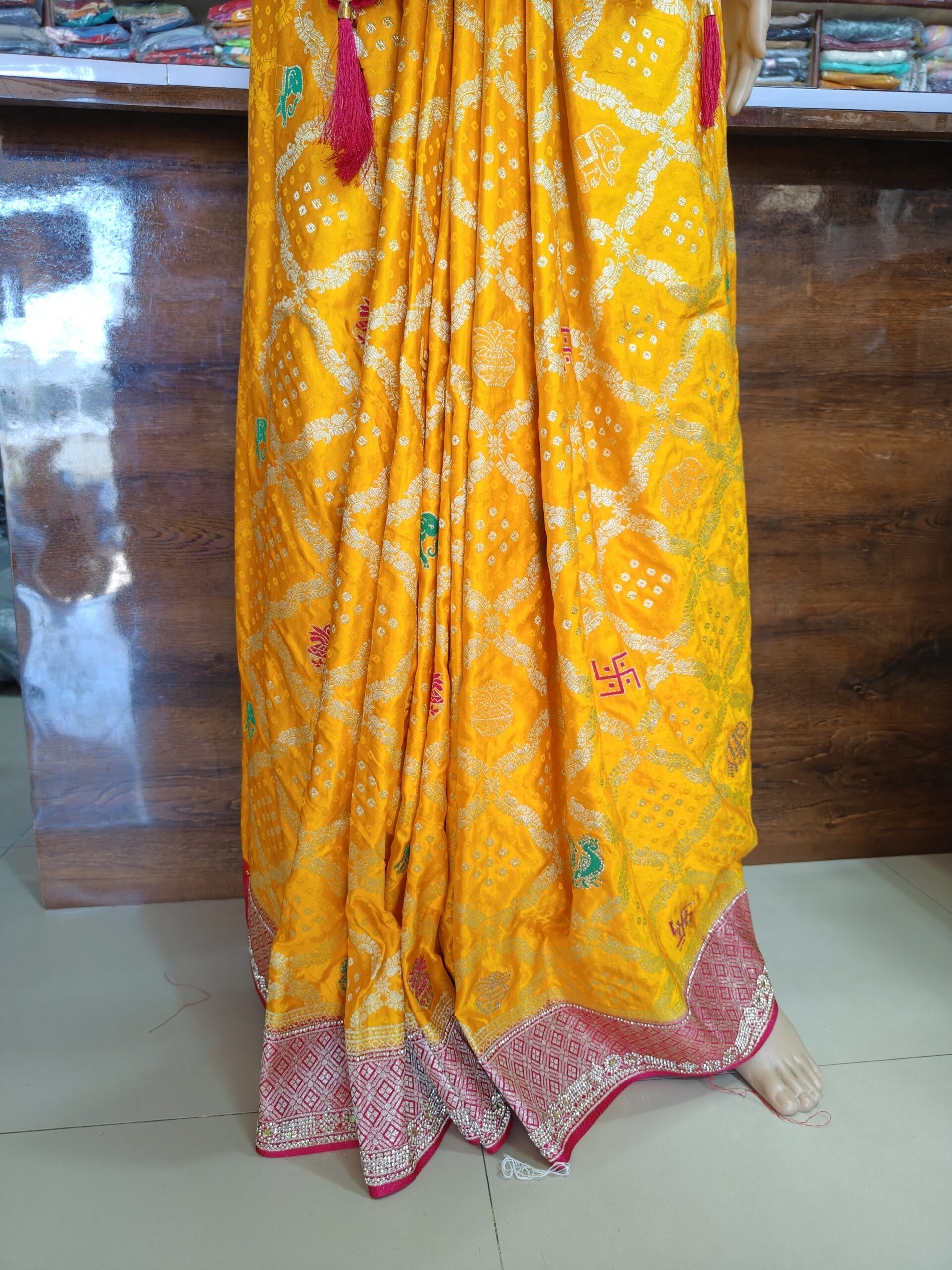 Yellow Bandhani Silk Saree with Stone Work | Traditional Designer Party Wear Saree for Women - Image 3