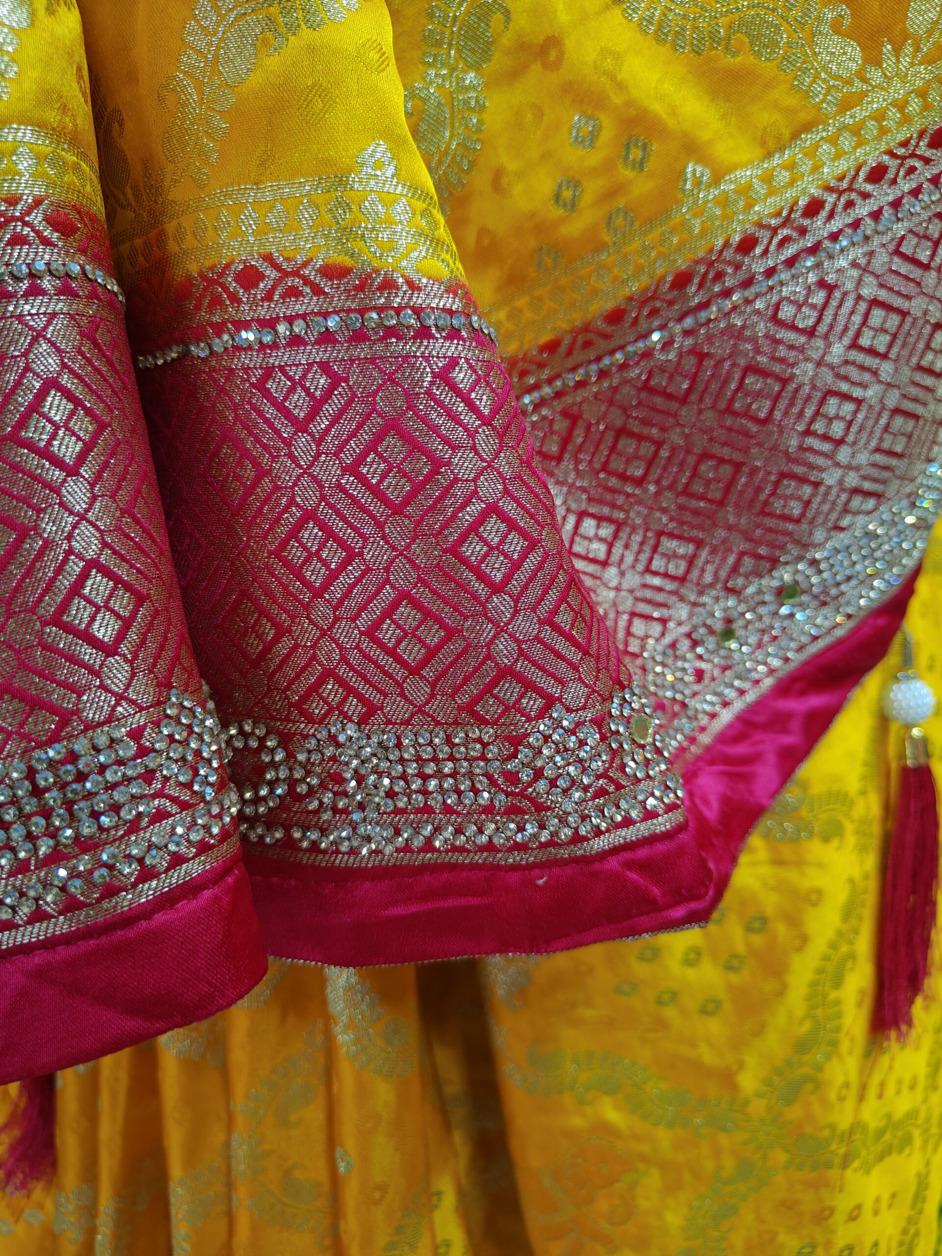 Yellow Bandhani Silk Saree with Stone Work | Traditional Designer Party Wear Saree for Women - Image 2