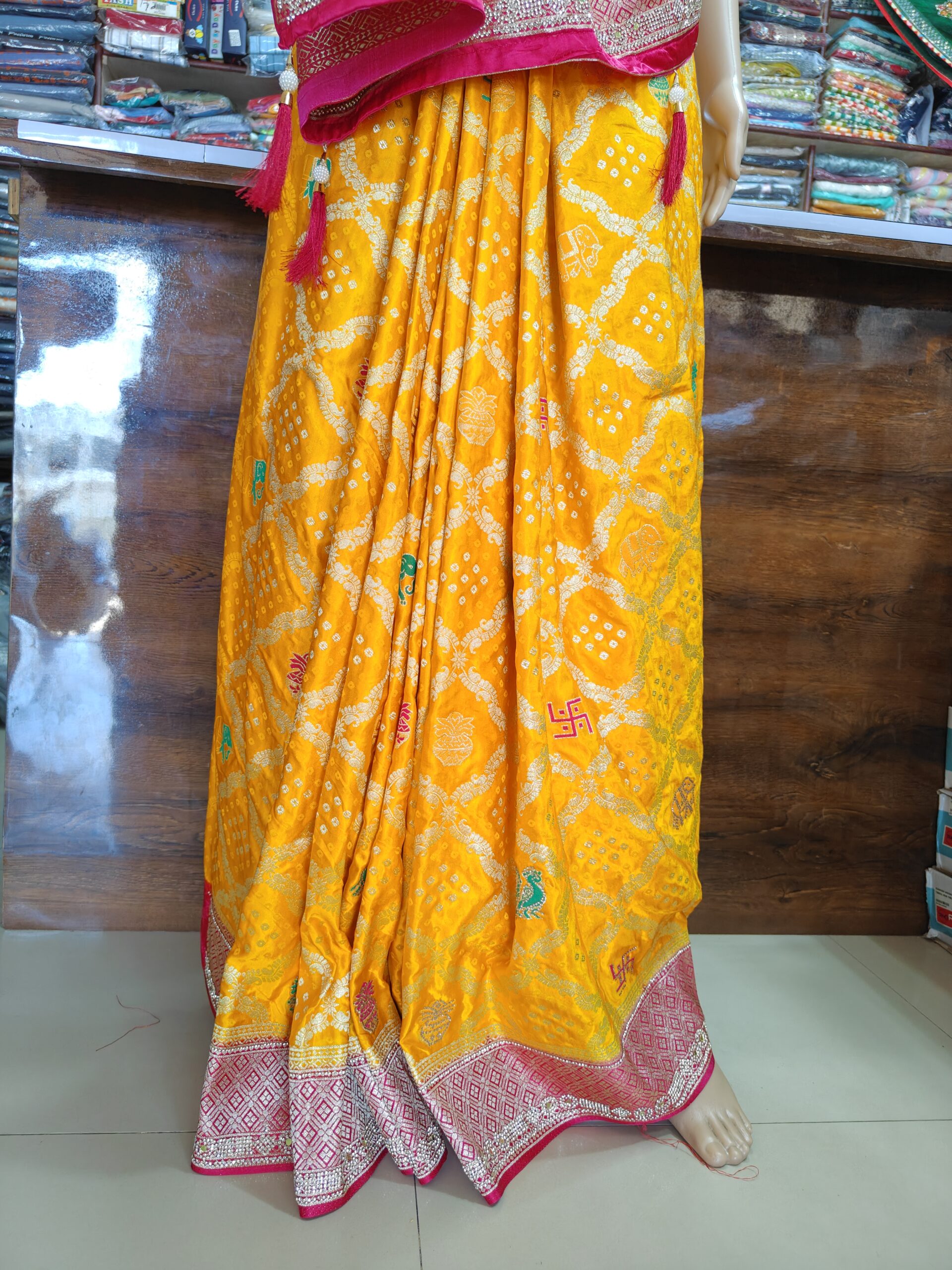 Yellow Bandhani Silk Saree with Stone Work | Traditional Designer Party Wear Saree for Women - Image 4