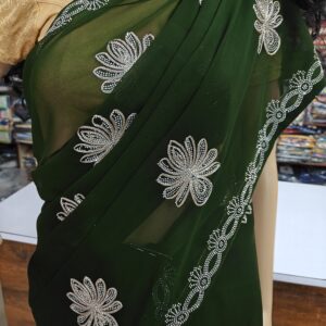Georgette Saree with Silver Stone Floral Embroidery & Designer Border
