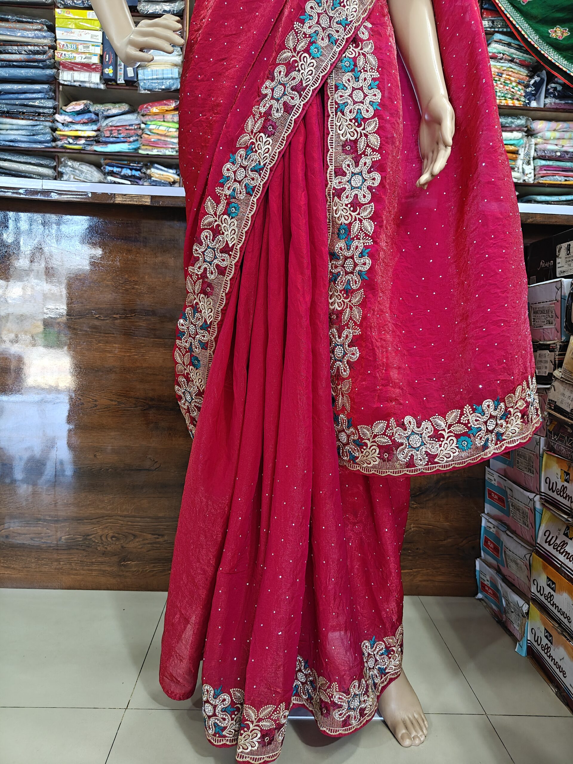 Rani Pink Fendy Fabric Saree with Heavy Zari, Resham Thread & Stone Work Border | Designer Party Wear, Wedding & Festive Saree for Women - Image 3