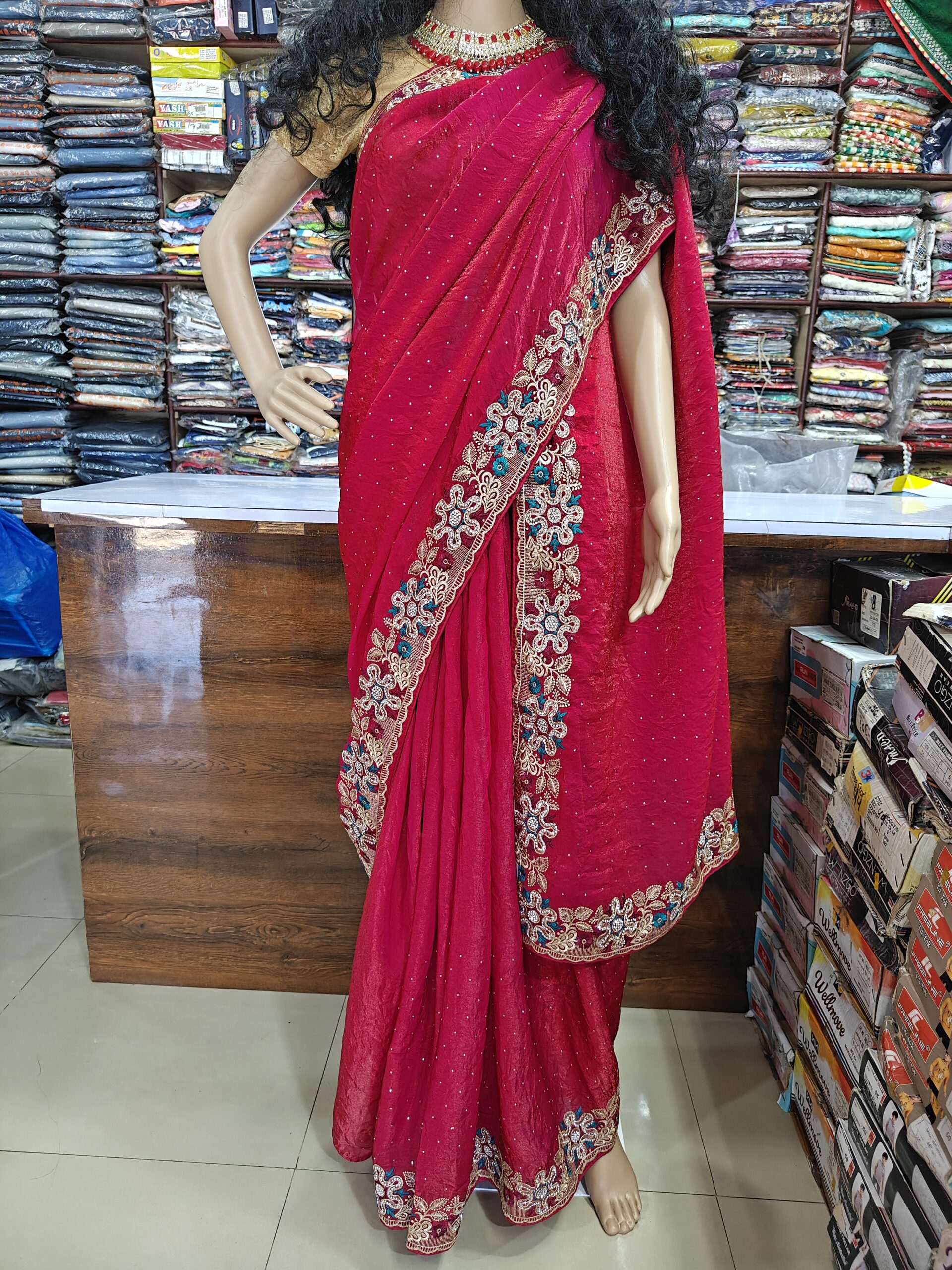 Rani Pink Fendy Fabric Saree with Heavy Zari, Resham Thread & Stone Work Border | Designer Party Wear, Wedding & Festive Saree for Women - Image 4