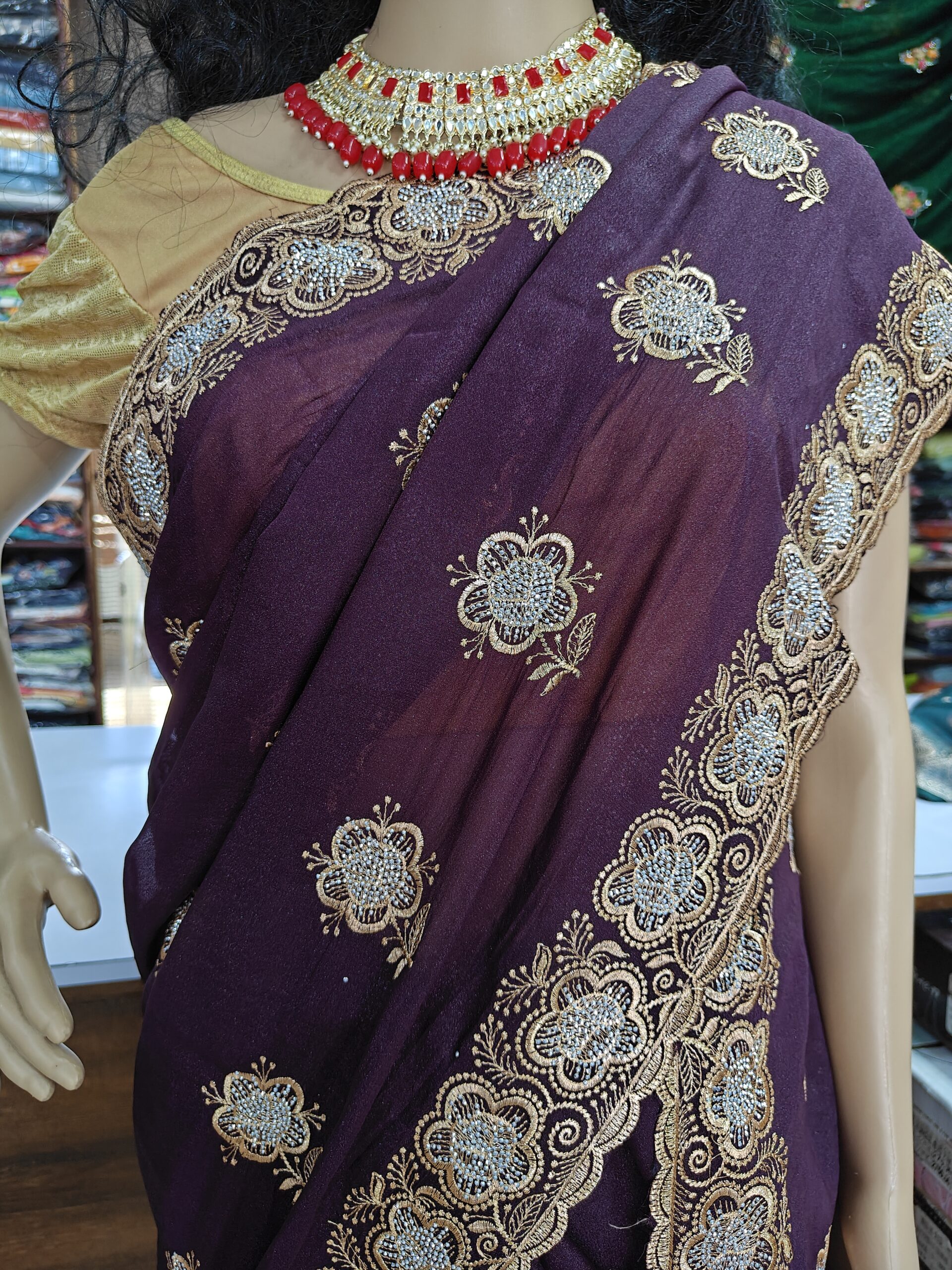 Purple Georgette Saree with Heavy Zari, Resham & Stone Embroidery | Designer Party Wear Wedding Saree