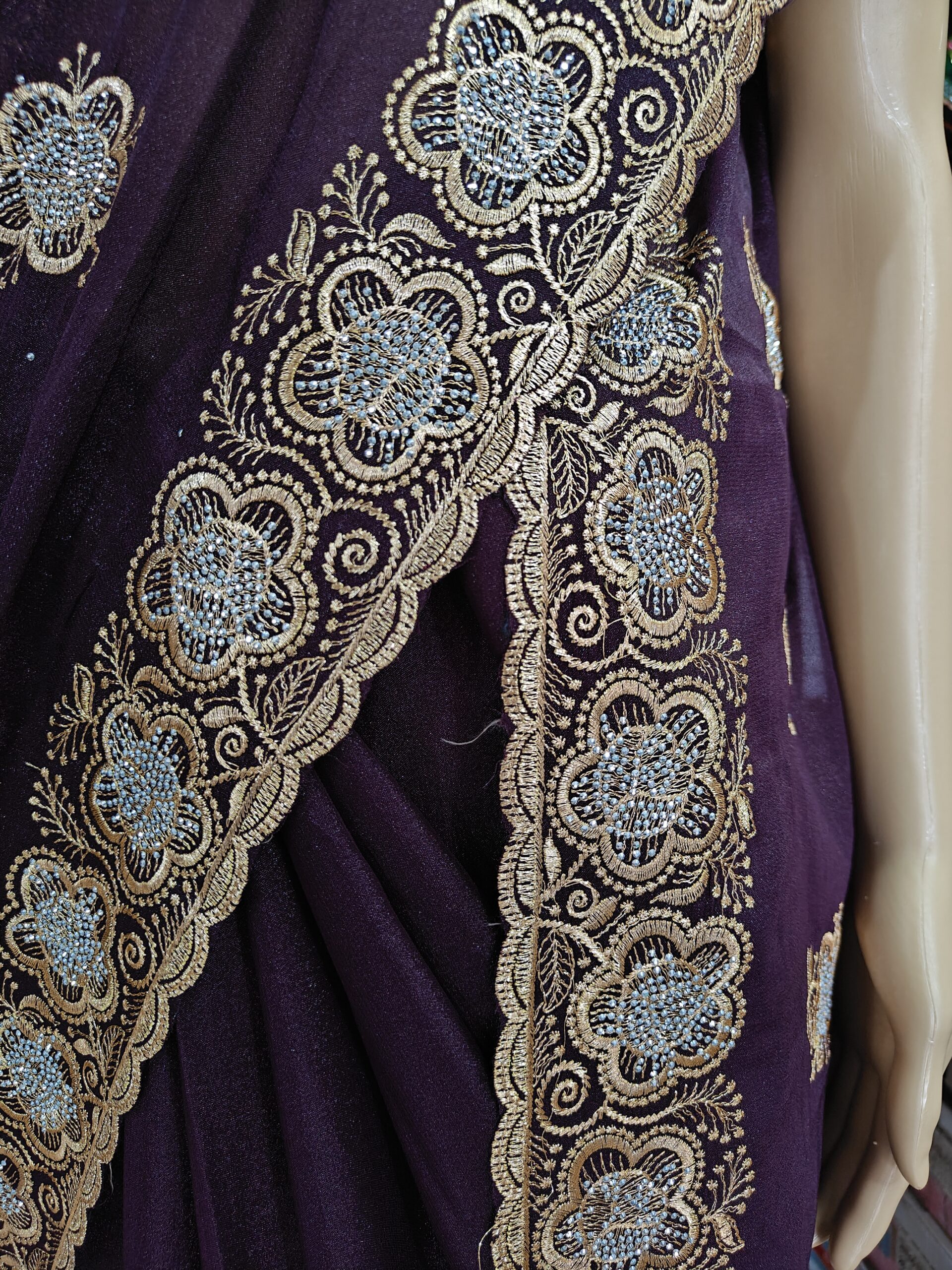 Purple Georgette Saree with Heavy Zari, Resham & Stone Embroidery | Designer Party Wear Wedding Saree - Image 2