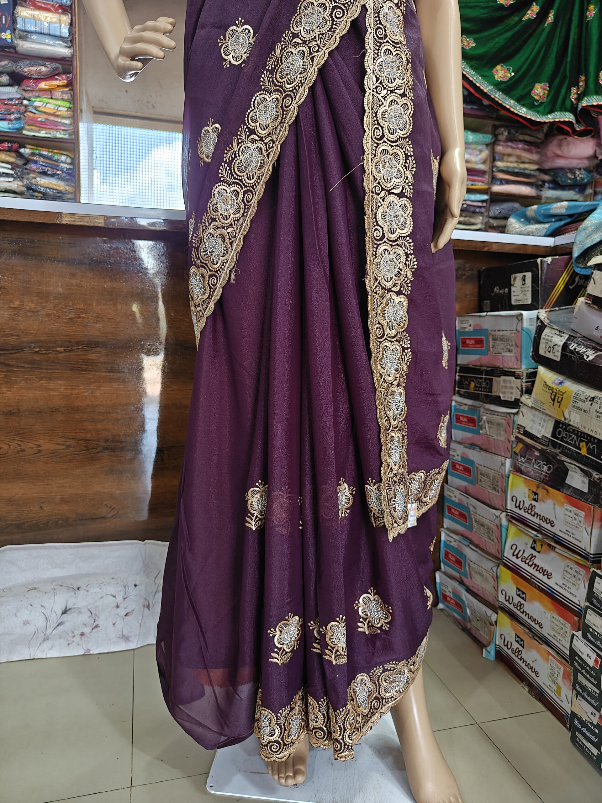 Purple Georgette Saree with Heavy Zari, Resham & Stone Embroidery | Designer Party Wear Wedding Saree - Image 3