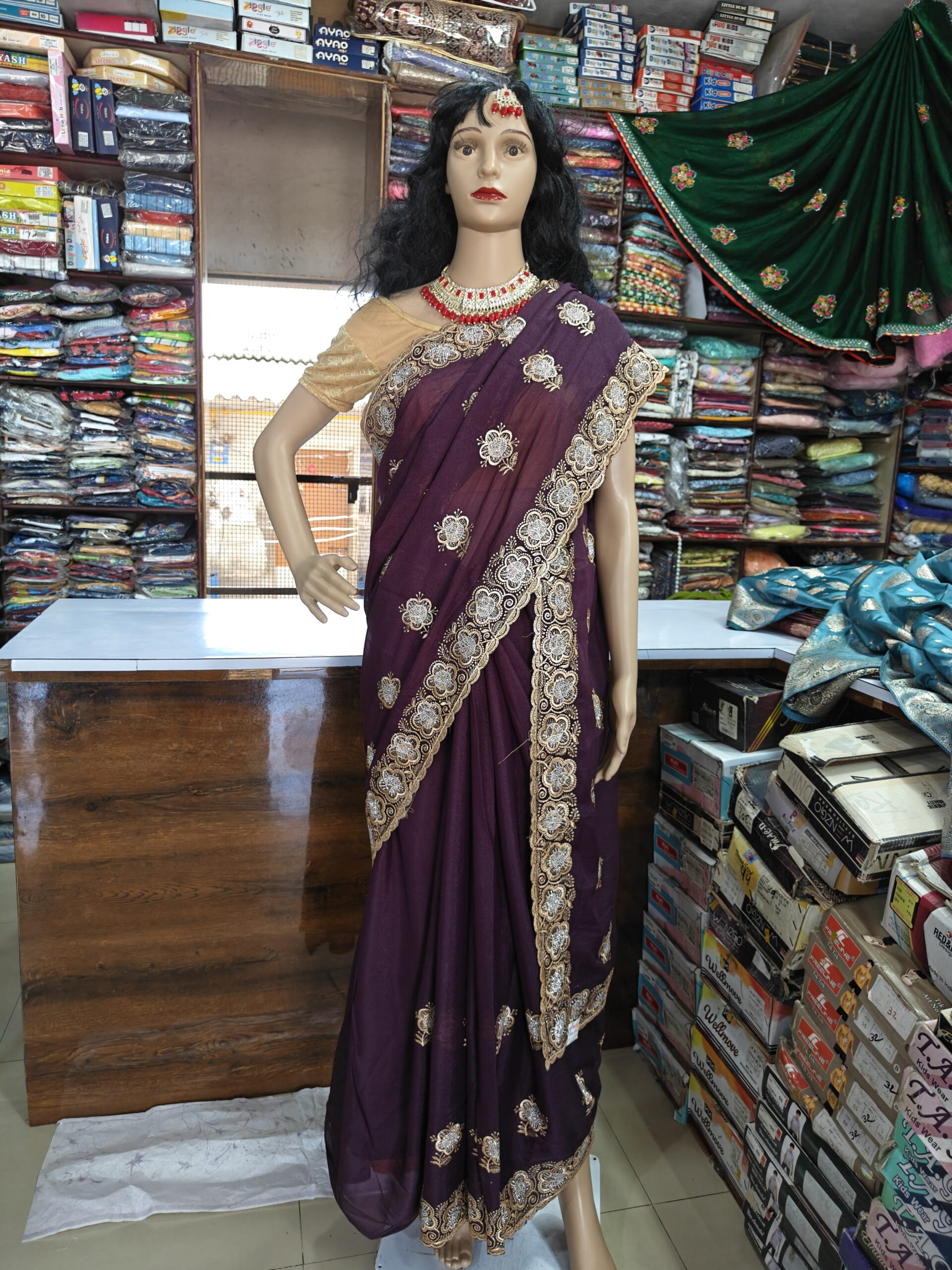 Purple Georgette Saree with Heavy Zari, Resham & Stone Embroidery | Designer Party Wear Wedding Saree - Image 4